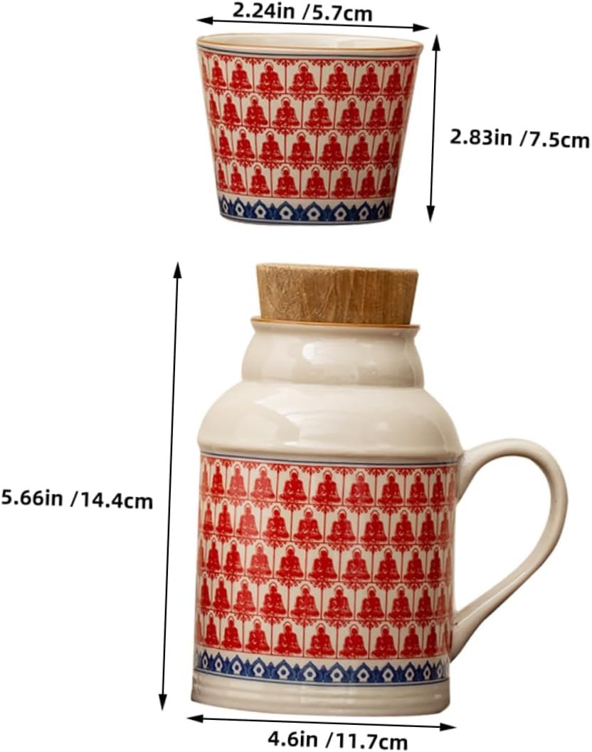 Ceramic teapot set with teacups - white body with red patterns and blue rim - cork stoppers - traditional style - 460 ml - Image 2