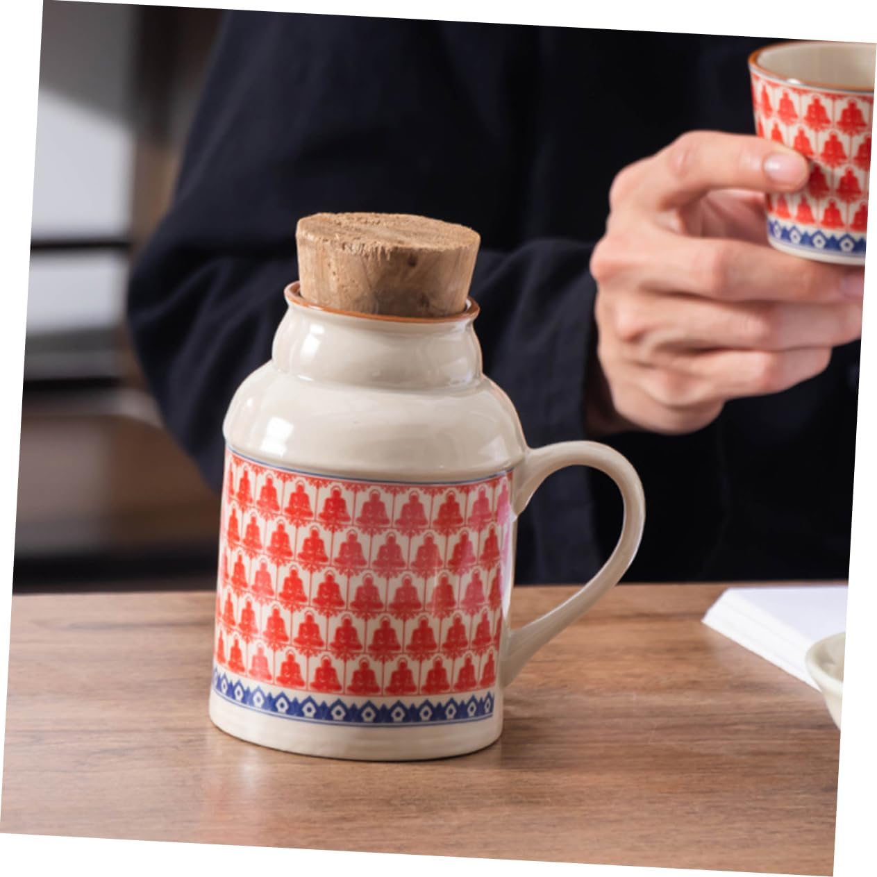 Ceramic teapot set with teacups - white body with red patterns and blue rim - cork stoppers - traditional style - 460 ml - Image 6