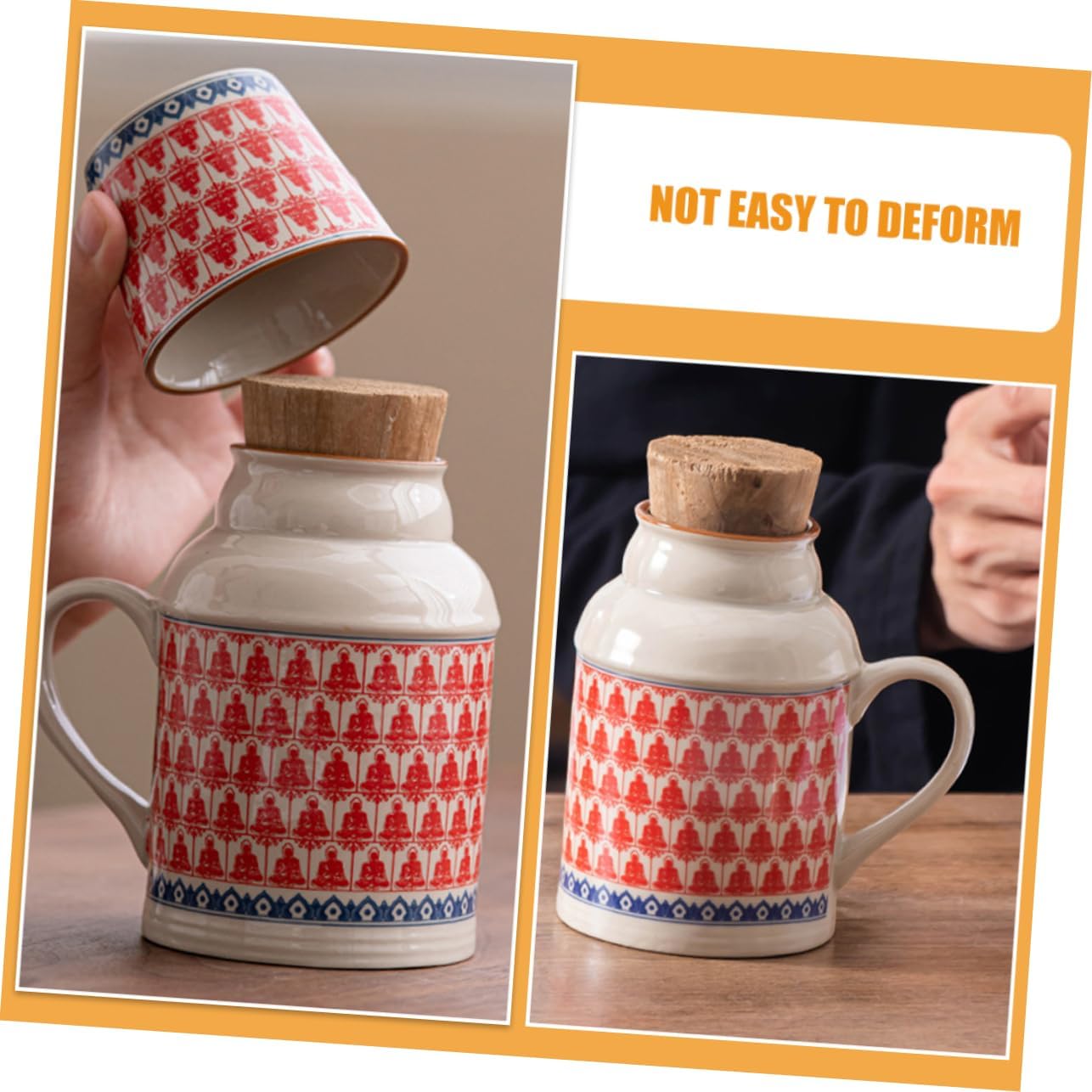 Ceramic teapot set with teacups - white body with red patterns and blue rim - cork stoppers - traditional style - 460 ml - Image 8