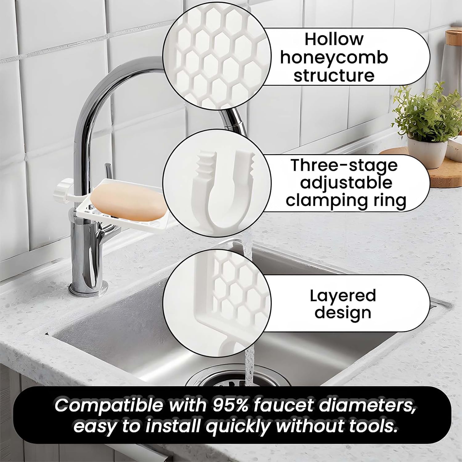 Set of two hangers, sponsor and sink organizer - drainage rack with clips - suitable for kitchens and bathrooms - reusable and removable - for holding soap and sponges - easy to install and adjust - Image 5