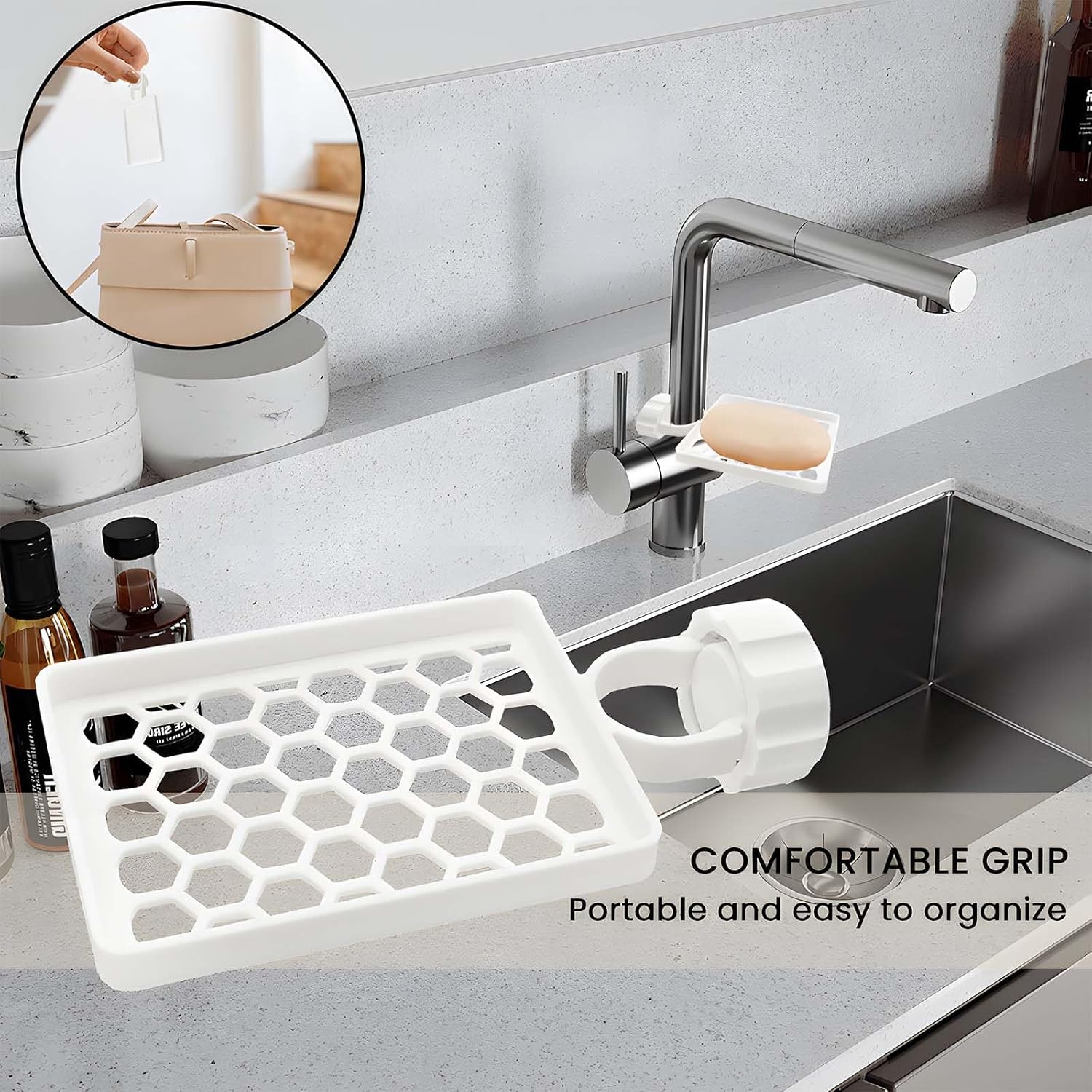 Set of two hangers, sponsor and sink organizer - drainage rack with clips - suitable for kitchens and bathrooms - reusable and removable - for holding soap and sponges - easy to install and adjust - Image 6
