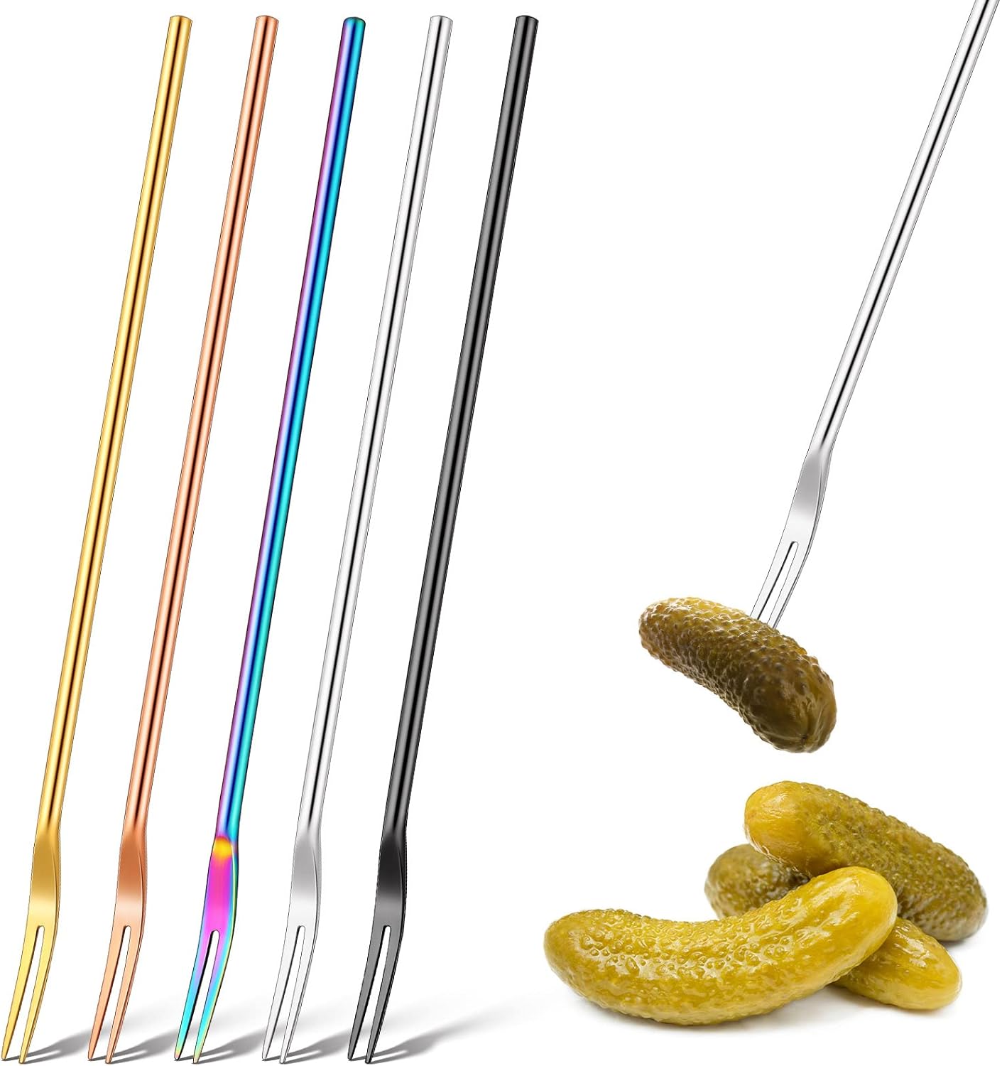 Vorken - 5 pieces - Augurkenvork - 8.66 inches - Long steel - Olive fork - 304 stainless steel - Augurkenprikker - Gripping tool - For making cocktails, desserts, fruit - 2 prongs - 5 colours - Image 1