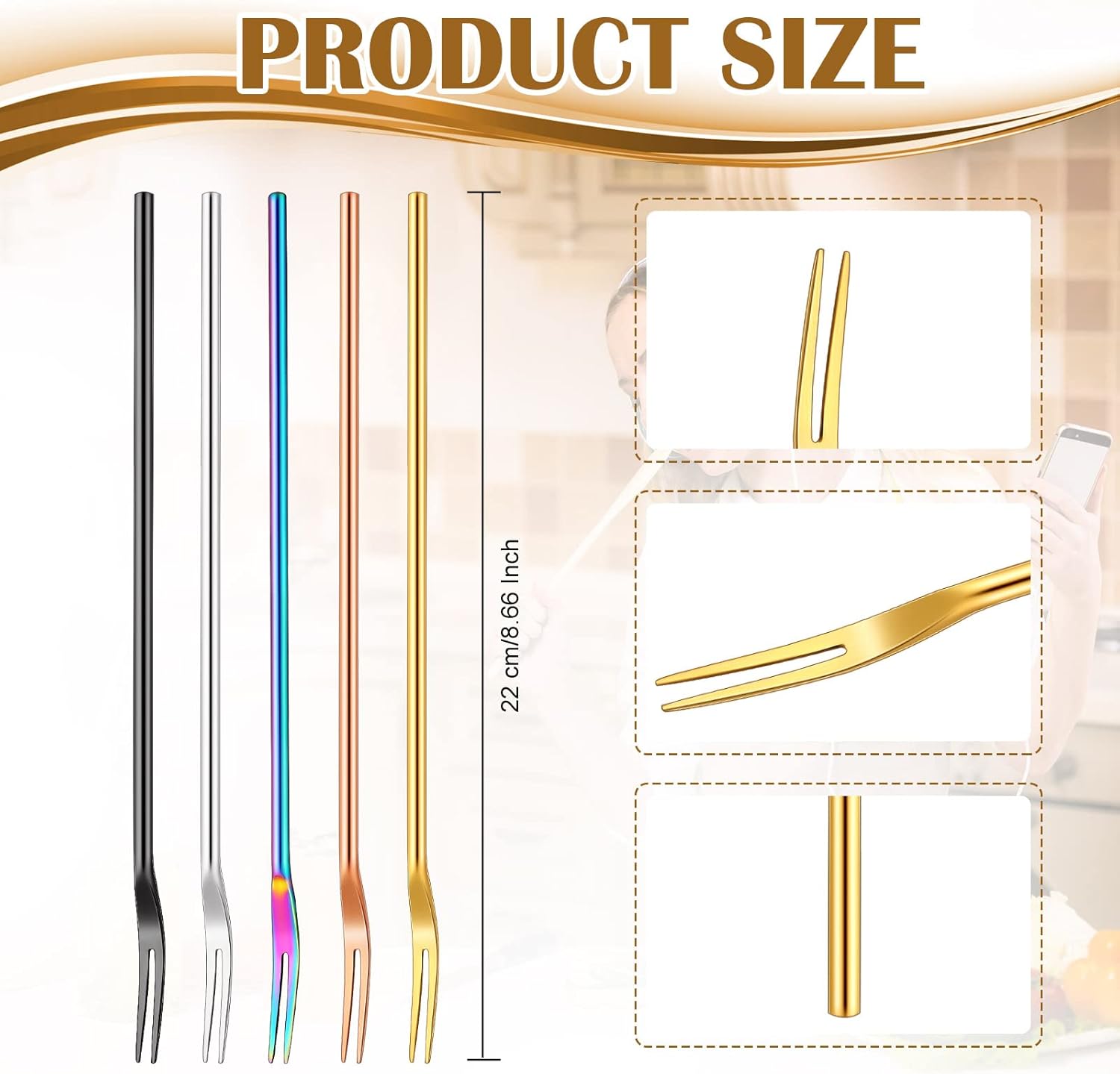 Vorken - 5 pieces - Augurkenvork - 8.66 inches - Long steel - Olive fork - 304 stainless steel - Augurkenprikker - Gripping tool - For making cocktails, desserts, fruit - 2 prongs - 5 colours - Image 2