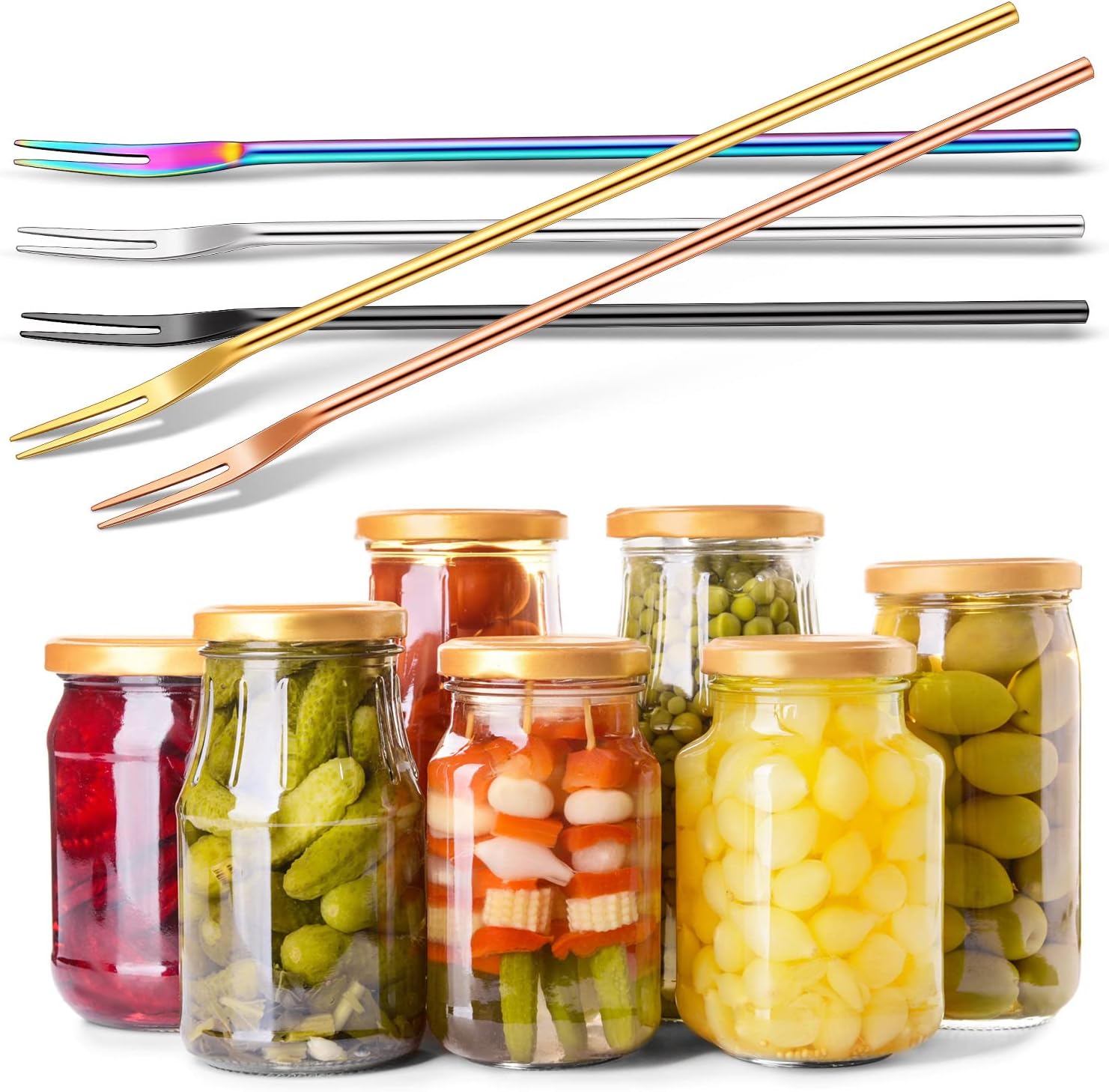 Vorken - 5 pieces - Augurkenvork - 8.66 inches - Long steel - Olive fork - 304 stainless steel - Augurkenprikker - Gripping tool - For making cocktails, desserts, fruit - 2 prongs - 5 colours - Image 4