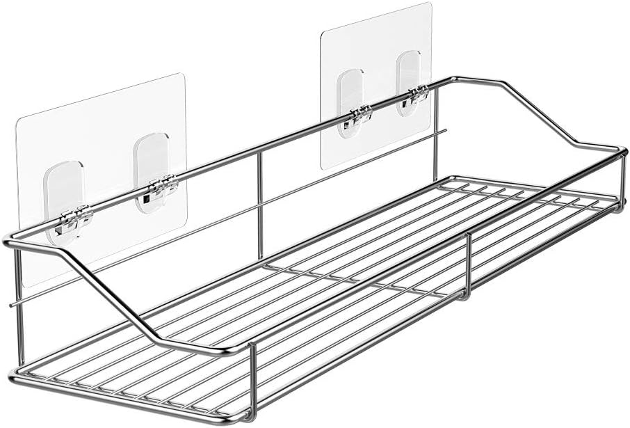 Storage rack for the bathroom, shower and kitchen - uses traceable transparent glue - no drilling required - stainless steel SUS304 - 15.75 inches - silver - Image 1