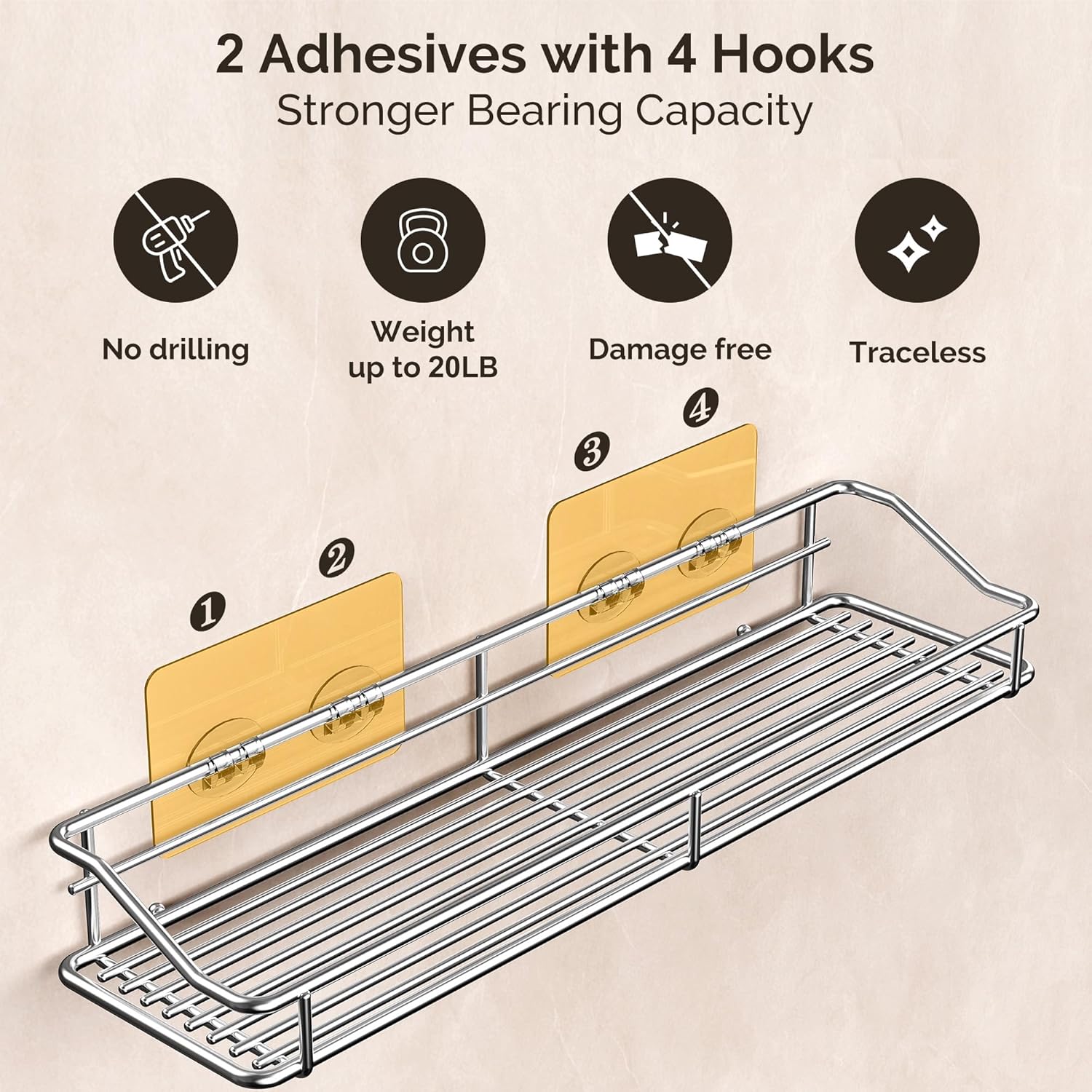 Storage rack for the bathroom, shower and kitchen - uses traceable transparent glue - no drilling required - stainless steel SUS304 - 15.75 inches - silver - Image 4