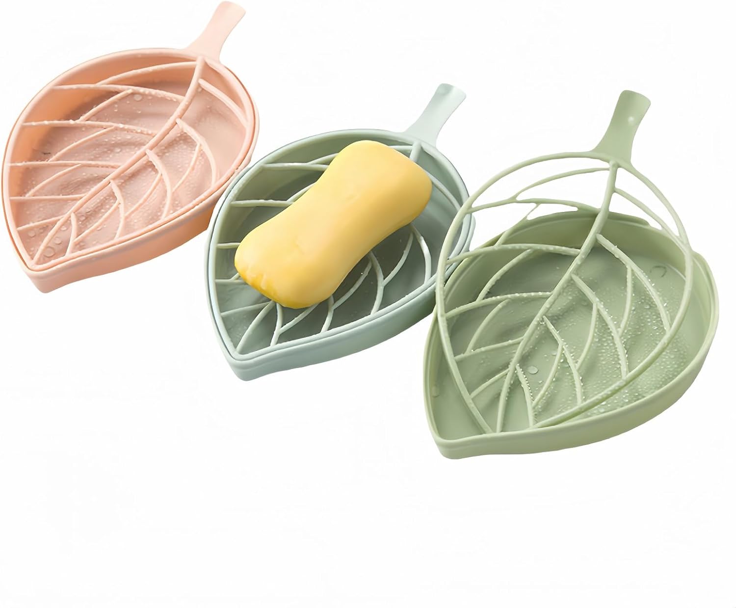 Soap dish set in leaf shape - soap dish and draining rack with double layer leaf design - removable wall-mounted storage rack suitable for showers - no drilling required (light green/blue/pink) - Image 1