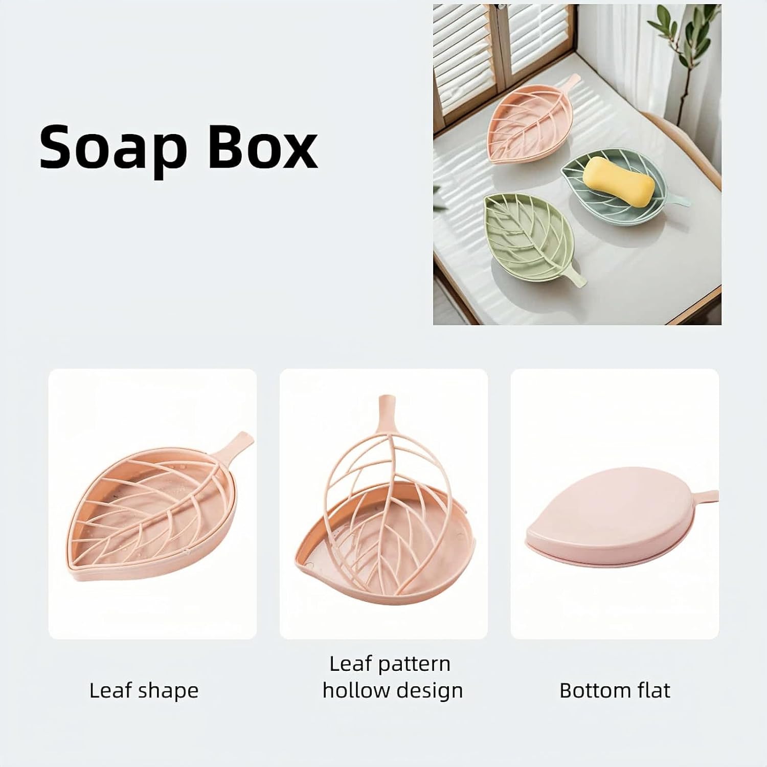 Soap dish set in leaf shape - soap dish and draining rack with double layer leaf design - removable wall-mounted storage rack suitable for showers - no drilling required (light green/blue/pink) - Image 2