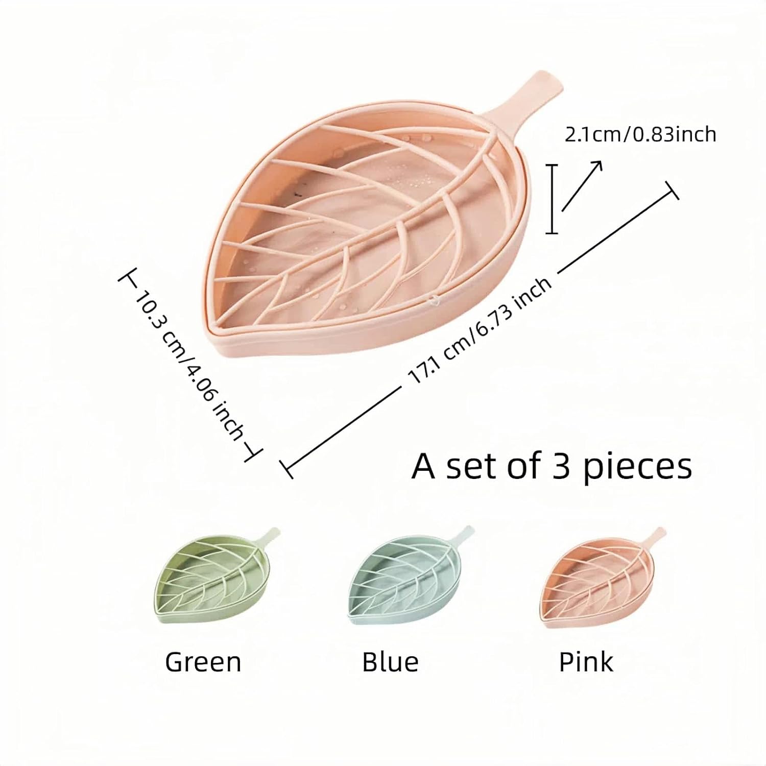 Soap dish set in leaf shape - soap dish and draining rack with double layer leaf design - removable wall-mounted storage rack suitable for showers - no drilling required (light green/blue/pink) - Image 3