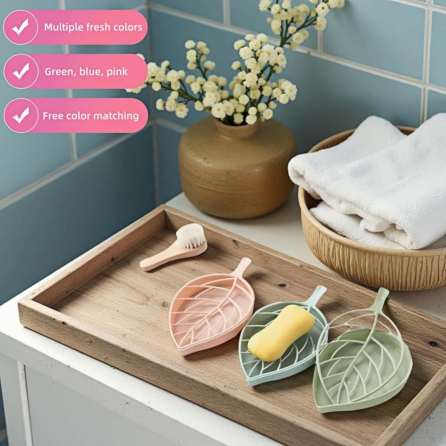 Soap dish set in leaf shape - soap dish and draining rack with double layer leaf design - removable wall-mounted storage rack suitable for showers - no drilling required (light green/blue/pink) - Image 4