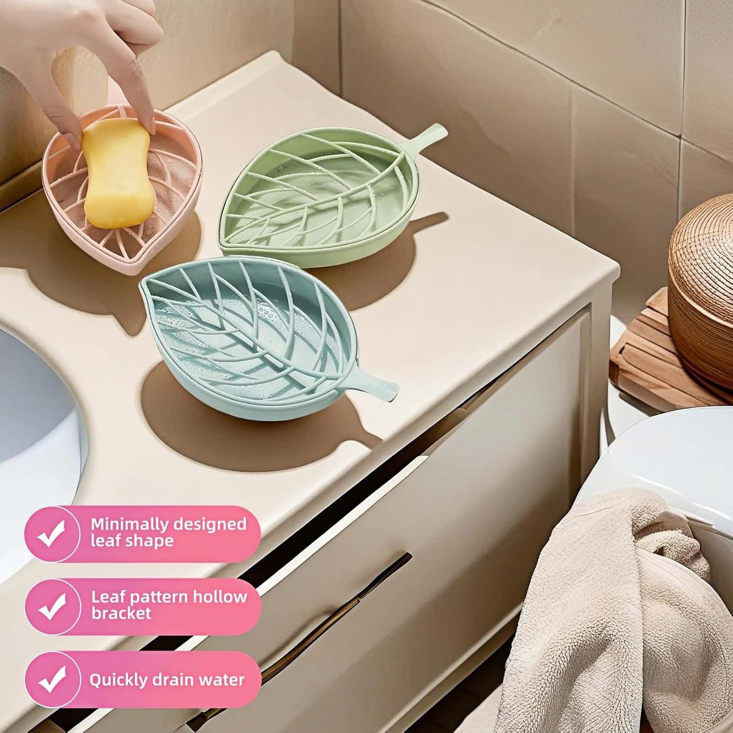 Soap dish set in leaf shape - soap dish and draining rack with double layer leaf design - removable wall-mounted storage rack suitable for showers - no drilling required (light green/blue/pink) - Image 5