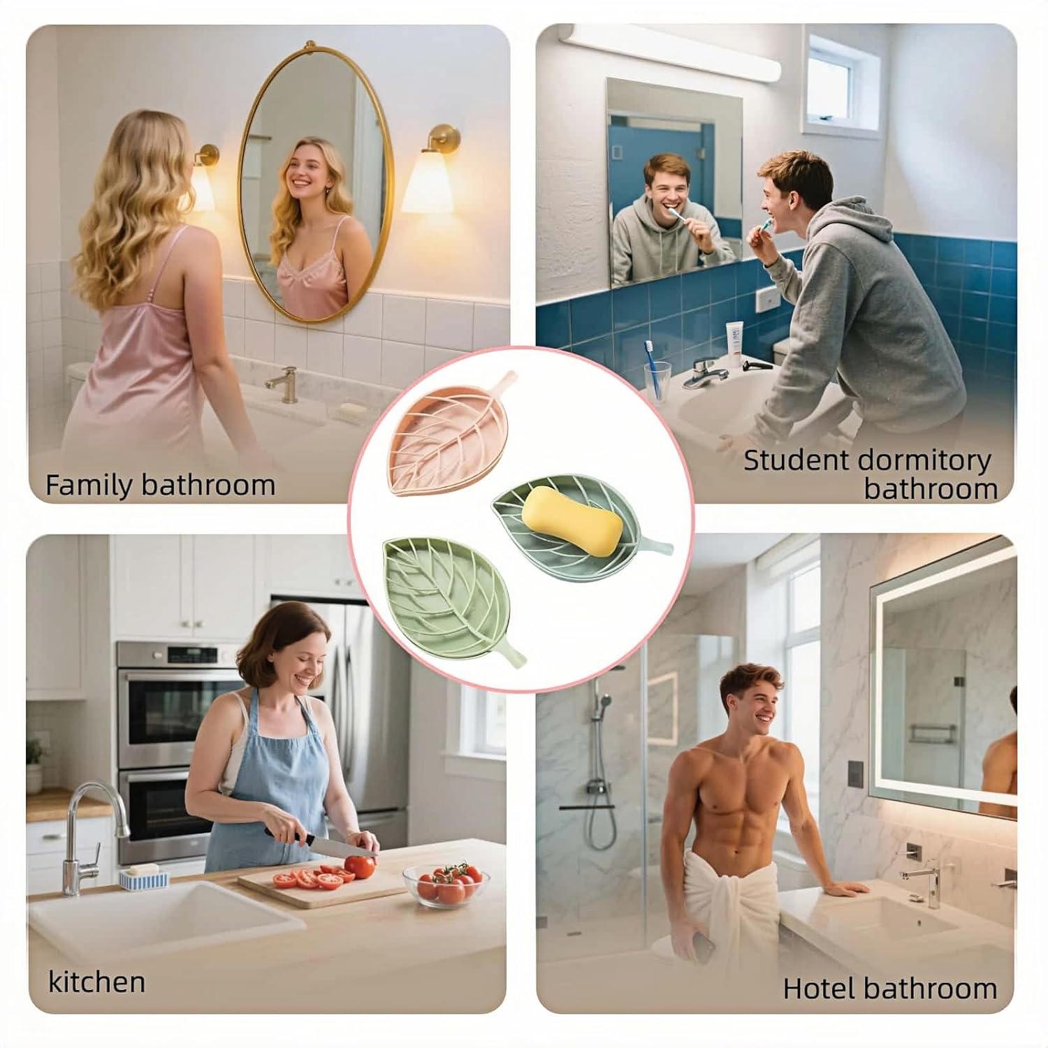 Soap dish set in leaf shape - soap dish and draining rack with double layer leaf design - removable wall-mounted storage rack suitable for showers - no drilling required (light green/blue/pink) - Image 6
