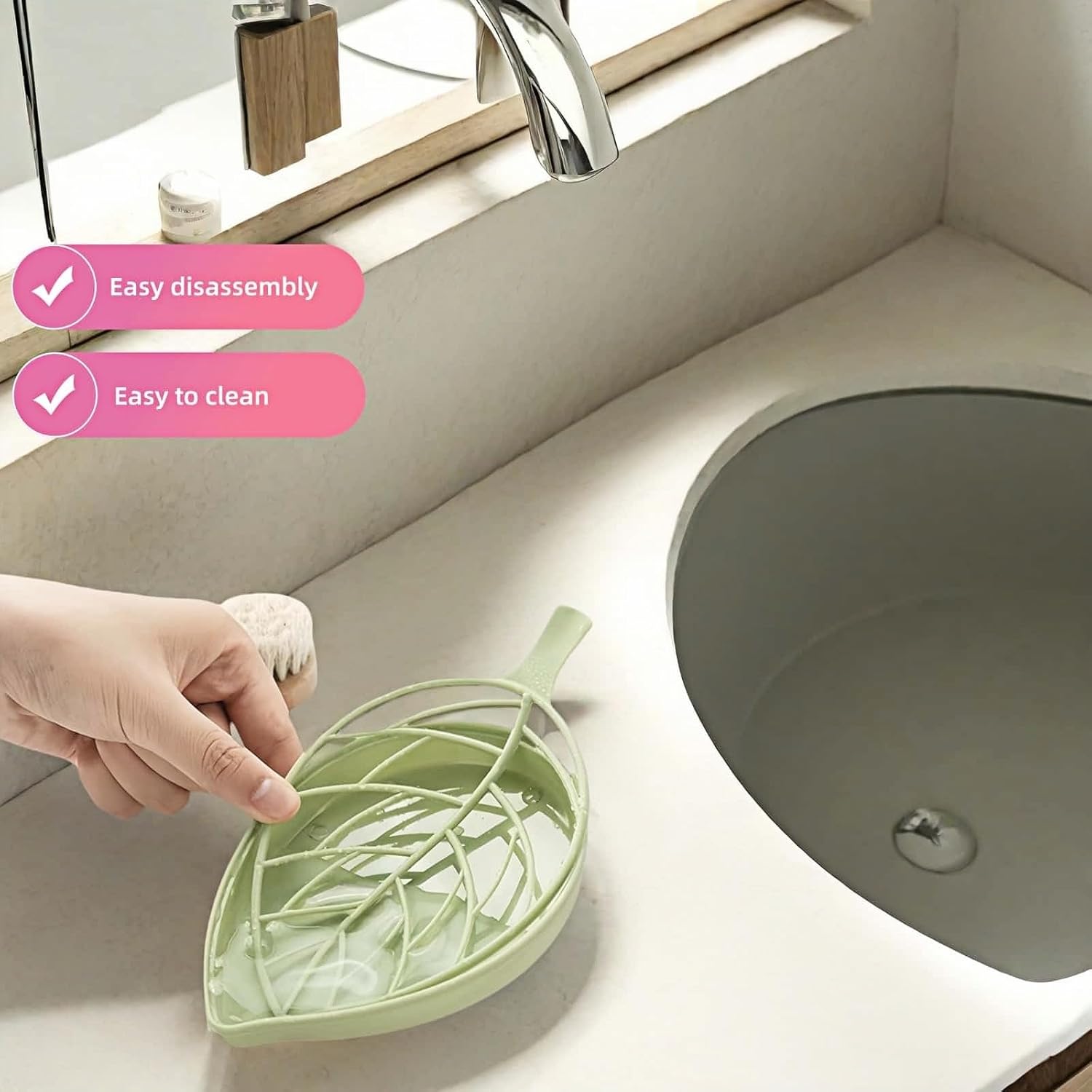 Soap dish set in leaf shape - soap dish and draining rack with double layer leaf design - removable wall-mounted storage rack suitable for showers - no drilling required (light green/blue/pink) - Image 7