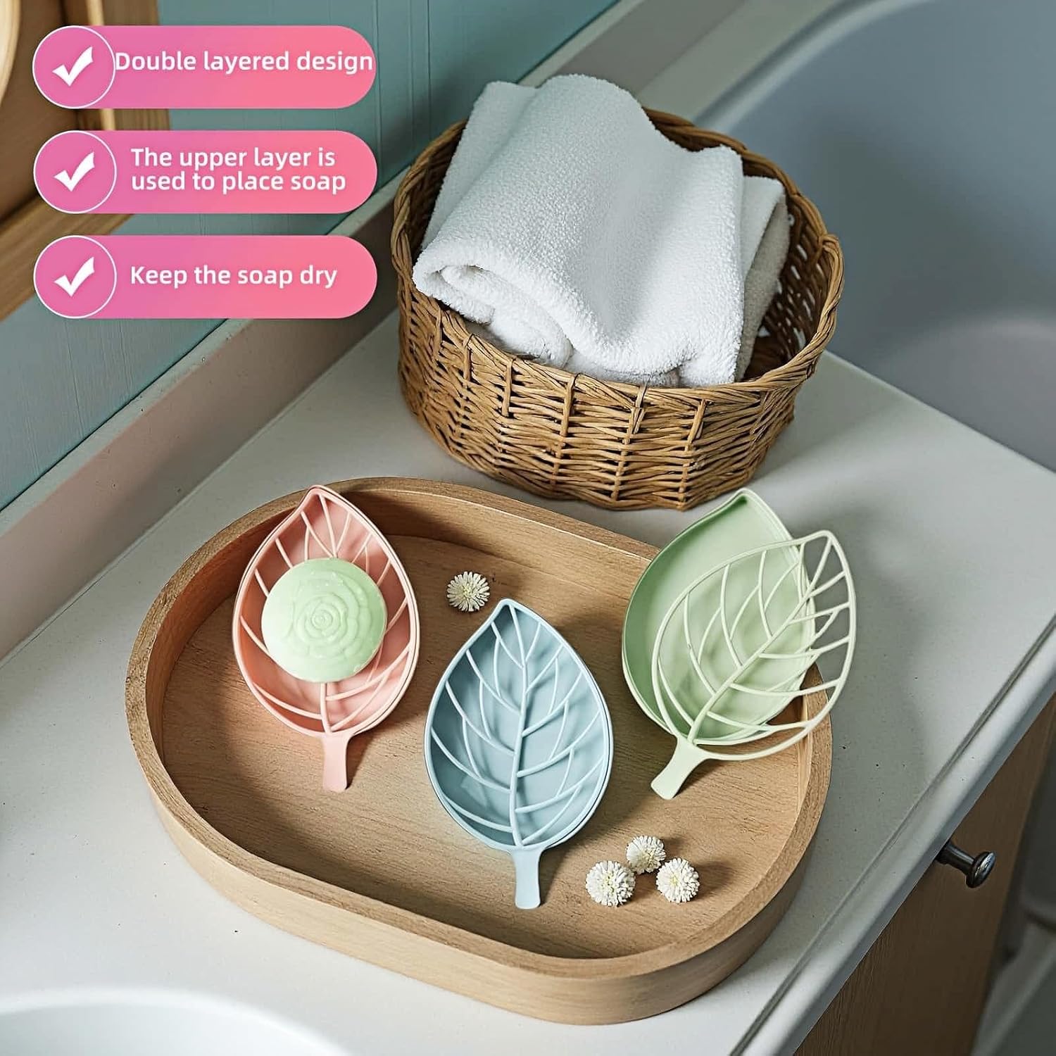 Soap dish set in leaf shape - soap dish and draining rack with double layer leaf design - removable wall-mounted storage rack suitable for showers - no drilling required (light green/blue/pink) - Image 8