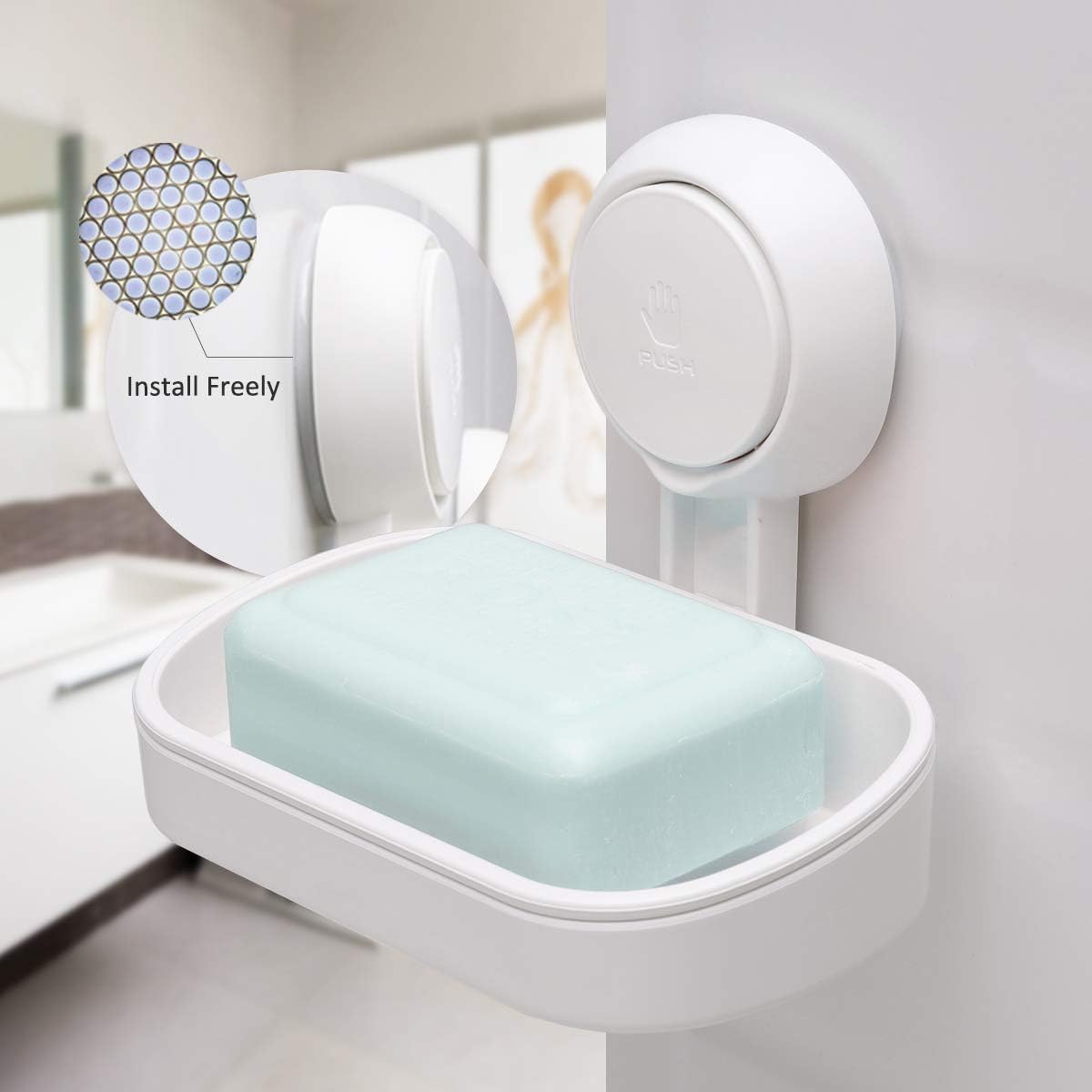 Shower soap dish, load capacity up to 3 kg, bathroom, soap dish with suction cup, wall-mounted, waterproof, no drilling required, removable shower storage container with suction cup, sponge holder, white plastic - Image 2