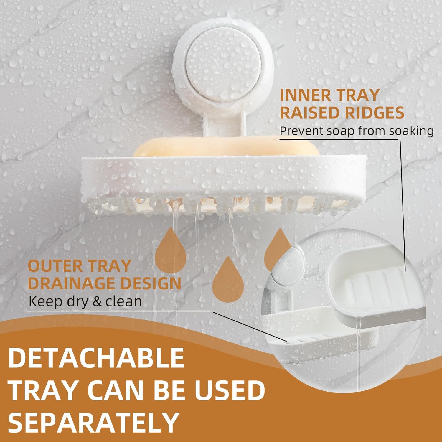 Shower soap dish, load capacity up to 3 kg, bathroom, soap dish with suction cup, wall-mounted, waterproof, no drilling required, removable shower storage container with suction cup, sponge holder, white plastic - Image 5