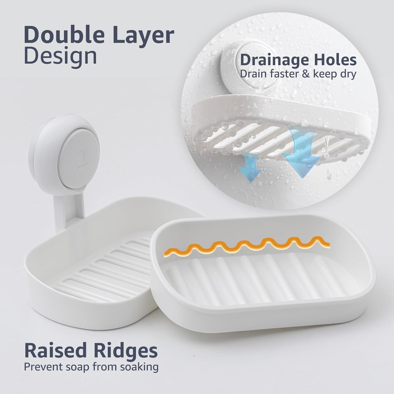 Shower soap dish, load capacity up to 3 kg, bathroom, soap dish with suction cup, wall-mounted, waterproof, no drilling required, removable shower storage container with suction cup, sponge holder, white plastic - Image 6