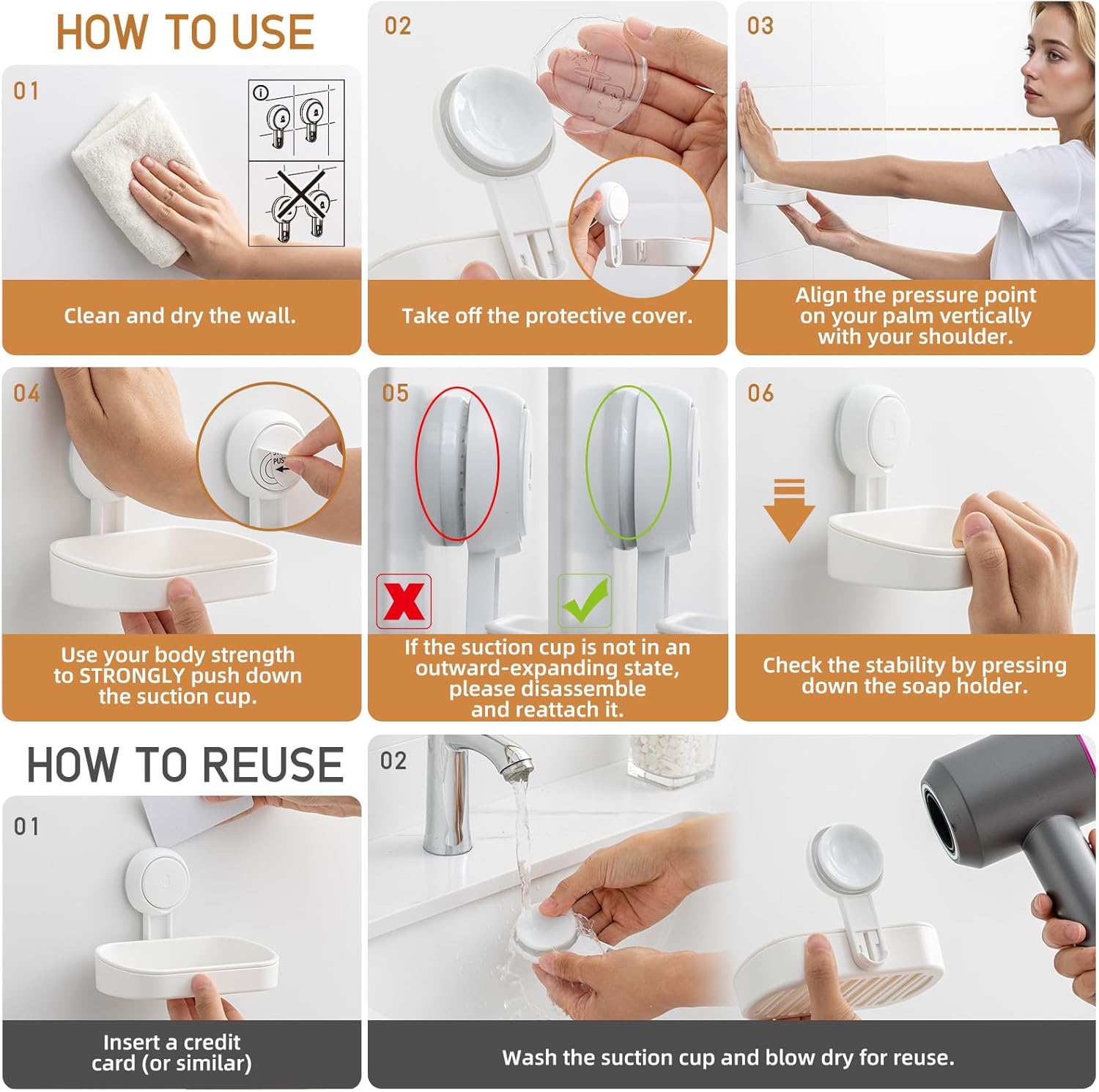 Shower soap dish, load capacity up to 3 kg, bathroom, soap dish with suction cup, wall-mounted, waterproof, no drilling required, removable shower storage container with suction cup, sponge holder, white plastic - Image 8