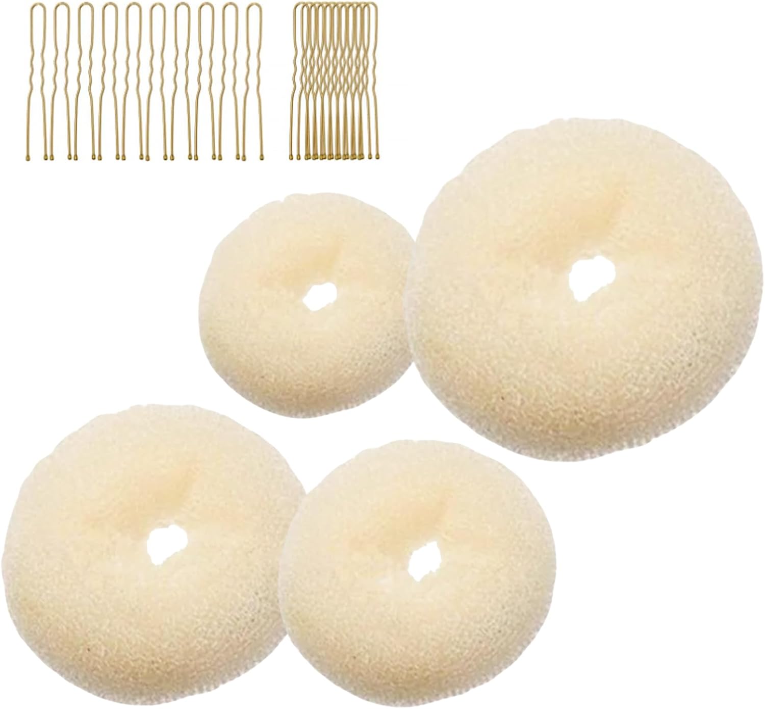 4-piece ring donut bun styler set with 20 gold hair clips, beige donut bun maker, hair rings, styling kit for dancers, ballerinas, girls, etc. and daily hair styling DIY (beige) - Image 1