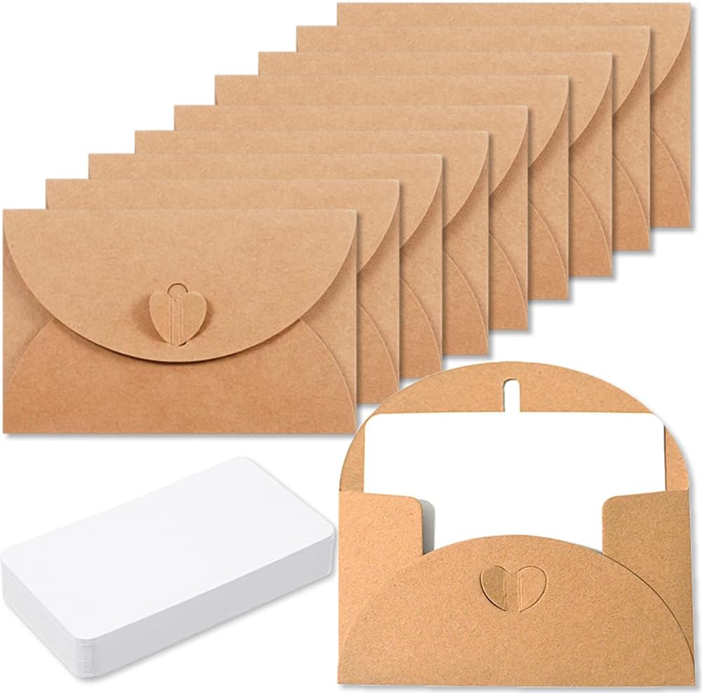 15 kraft envelopes with 15 blank cards - small heart-shaped closure, 10.5 x 7.5 cm, mini envelopes for thank you notes, invitations, birthday cards - Image 1