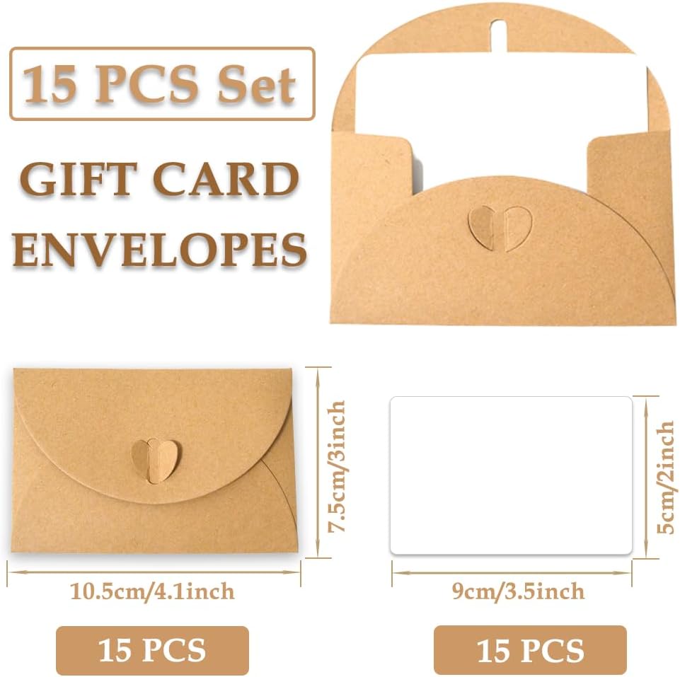 15 kraft envelopes with 15 blank cards - small heart-shaped closure, 10.5 x 7.5 cm, mini envelopes for thank you notes, invitations, birthday cards - Image 2