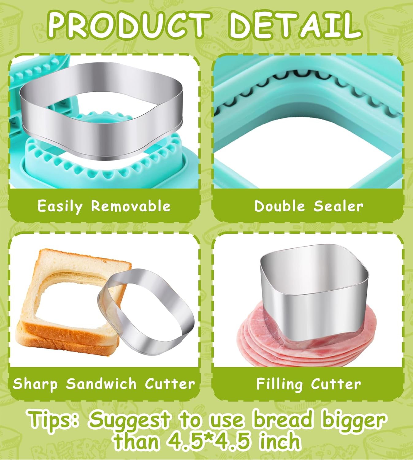 Sandwich Cutter/Sealer - Making Bread - DIY Bread - Square - Stainless Steel - Bread Cutter - Suitable for Kids - Boys & Girls - Lunch & Breakfast - Image 1