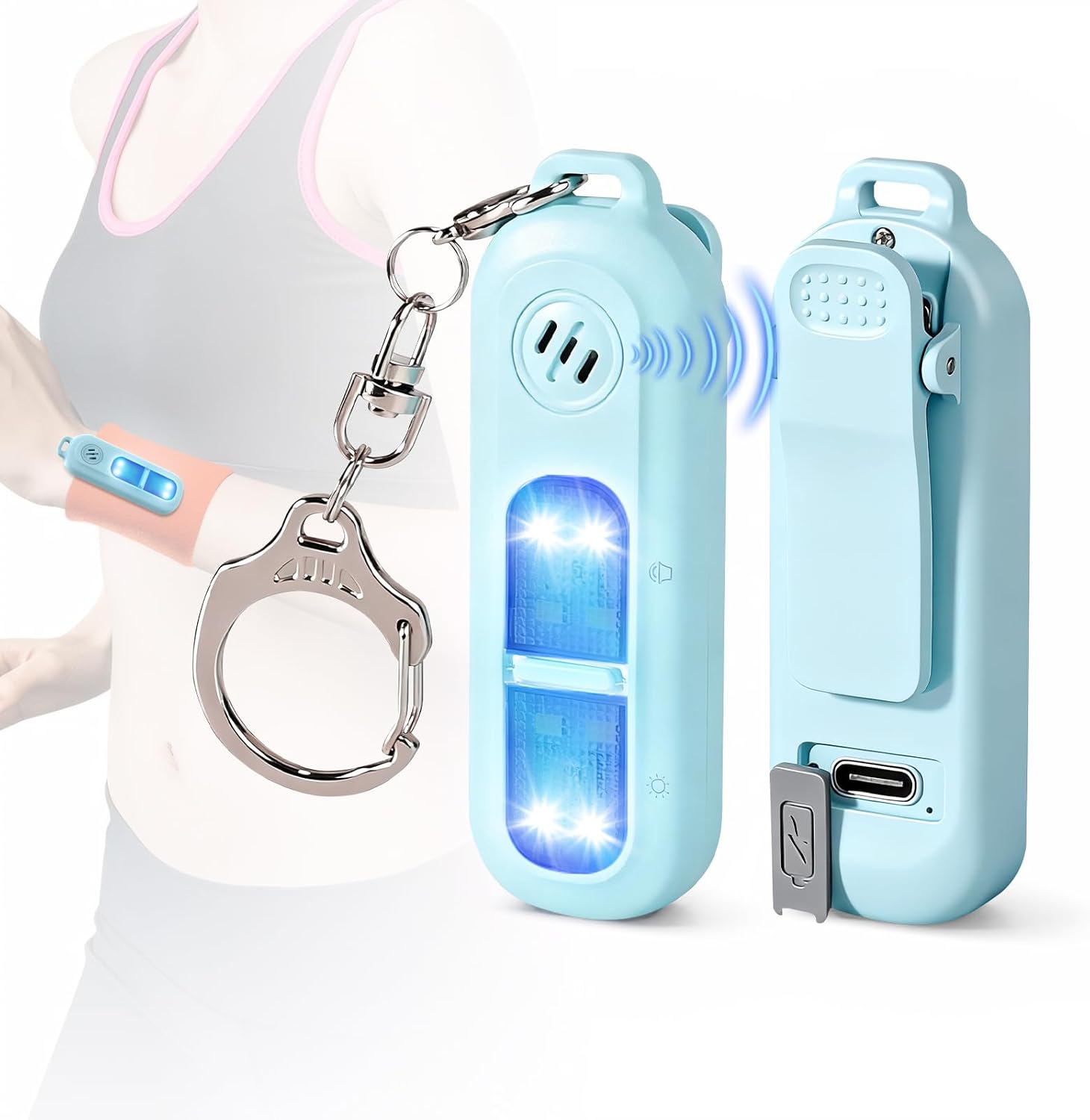 Rechargeable personal safety alarm for women - 130 dB self-defence keychain alarm - with strobe light and LED torch - bear alarm - rechargeable emergency safety alarm - suitable for night runners and children - blue - Image 1