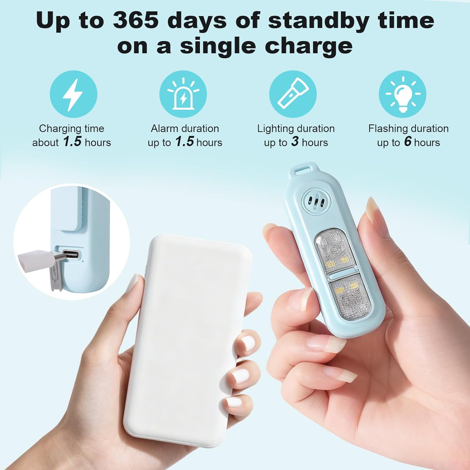 Rechargeable personal safety alarm for women - 130 dB self-defence keychain alarm - with strobe light and LED torch - bear alarm - rechargeable emergency safety alarm - suitable for night runners and children - blue - Image 2