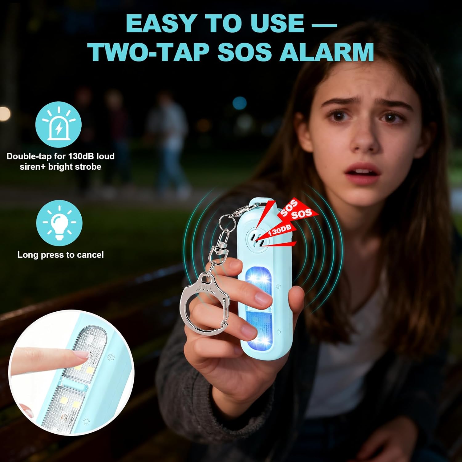 Rechargeable personal safety alarm for women - 130 dB self-defence keychain alarm - with strobe light and LED torch - bear alarm - rechargeable emergency safety alarm - suitable for night runners and children - blue - Image 4