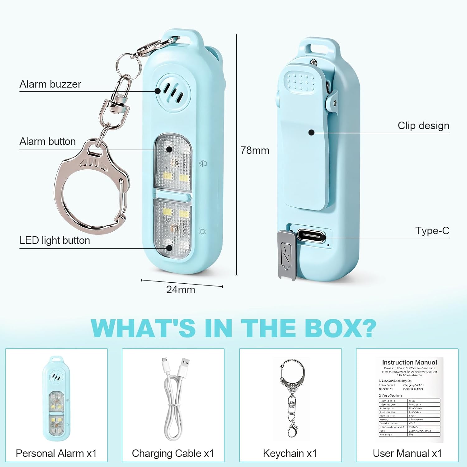 Rechargeable personal safety alarm for women - 130 dB self-defence keychain alarm - with strobe light and LED torch - bear alarm - rechargeable emergency safety alarm - suitable for night runners and children - blue - Image 7