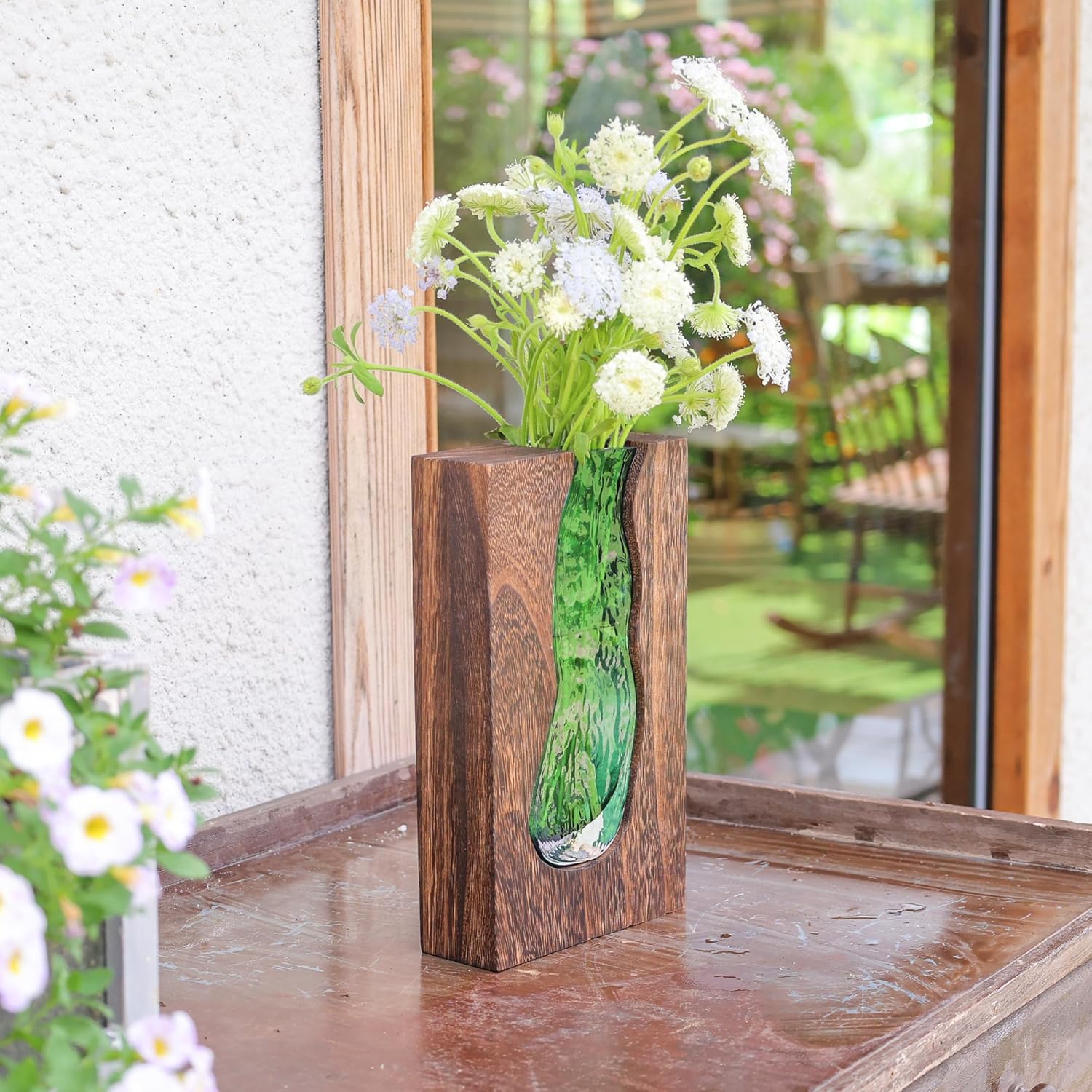 Vase with inlaid wood and glass - Rustic style wood and glass vase - Solid wood and glass vase - Vase for home decor - Table decoration (9.45 inches) - Image 2