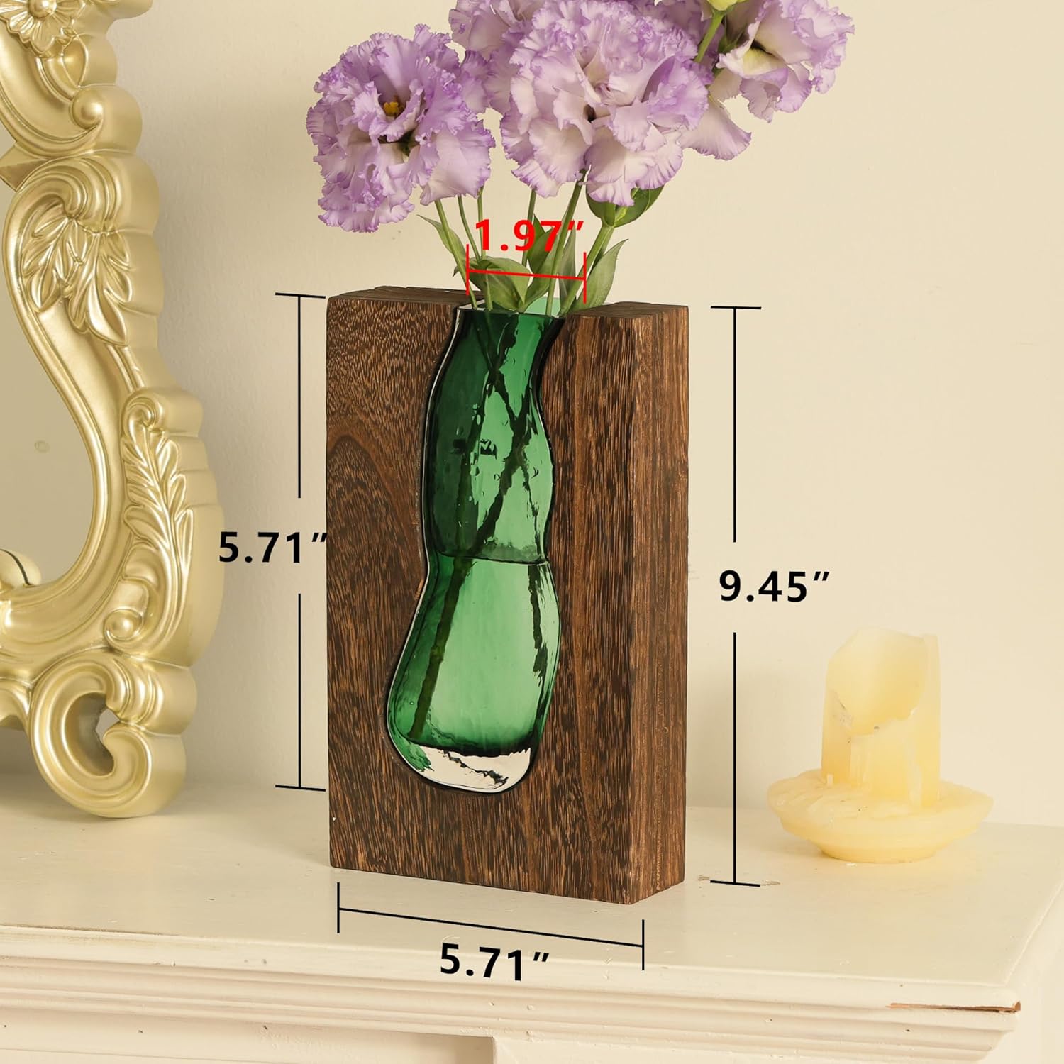Vase with inlaid wood and glass - Rustic style wood and glass vase - Solid wood and glass vase - Vase for home decor - Table decoration (9.45 inches) - Image 5