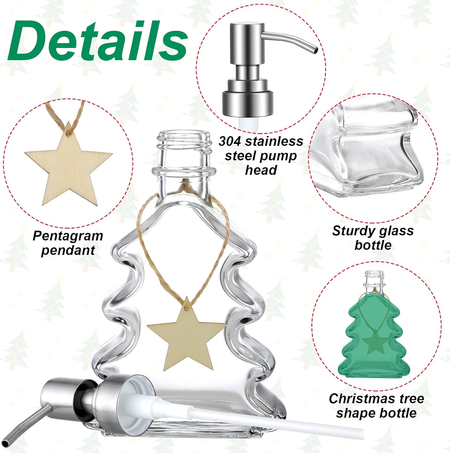 Soap Dispenser - Christmas Tree Shape - Glass - with Stainless Steel Pump - Christmas Decoration - Lotion Pump Bottle - Hand Soap Dispenser - Empty Pump - Suitable for Bathroom and Kitchen - Image 2
