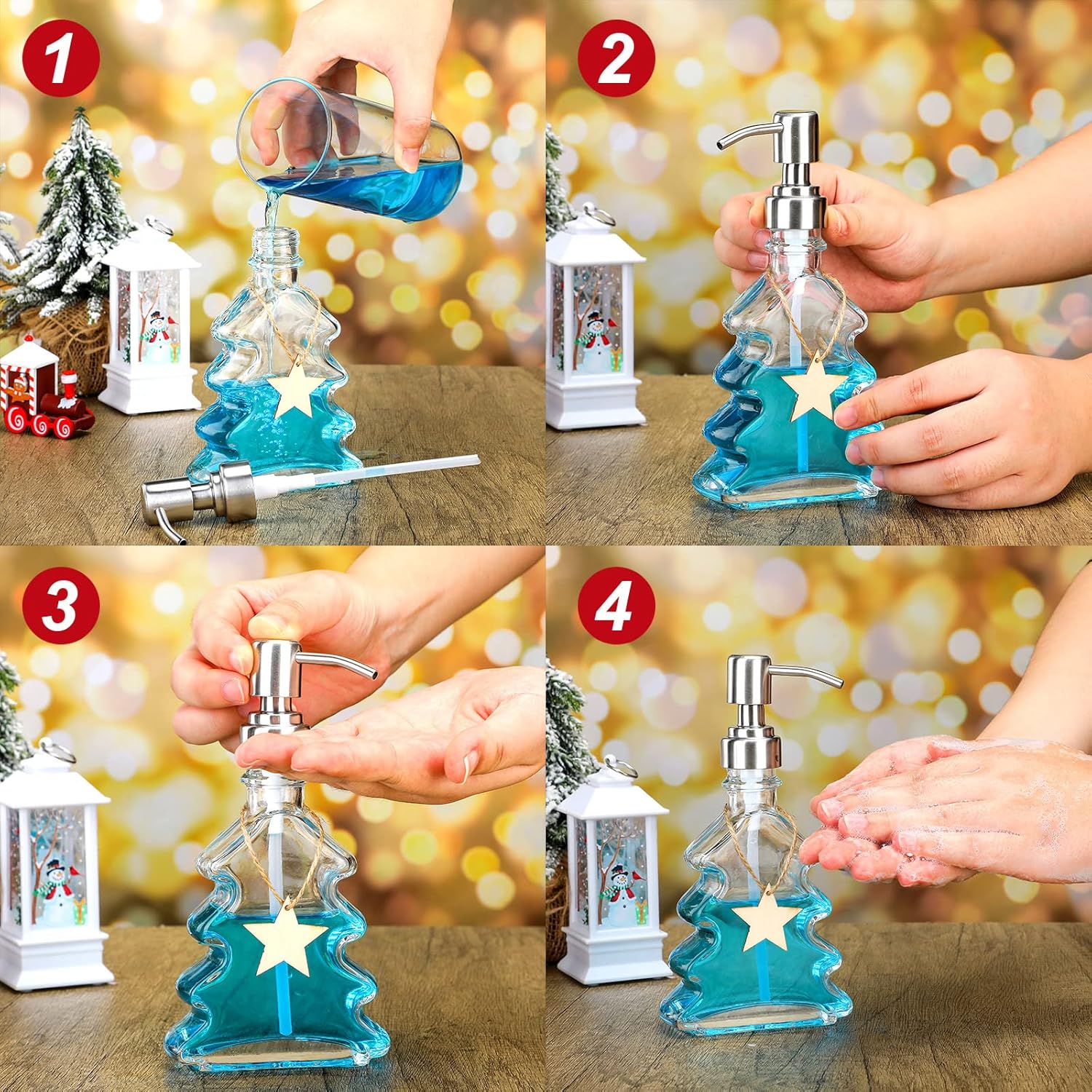 Soap Dispenser - Christmas Tree Shape - Glass - with Stainless Steel Pump - Christmas Decoration - Lotion Pump Bottle - Hand Soap Dispenser - Empty Pump - Suitable for Bathroom and Kitchen - Image 3