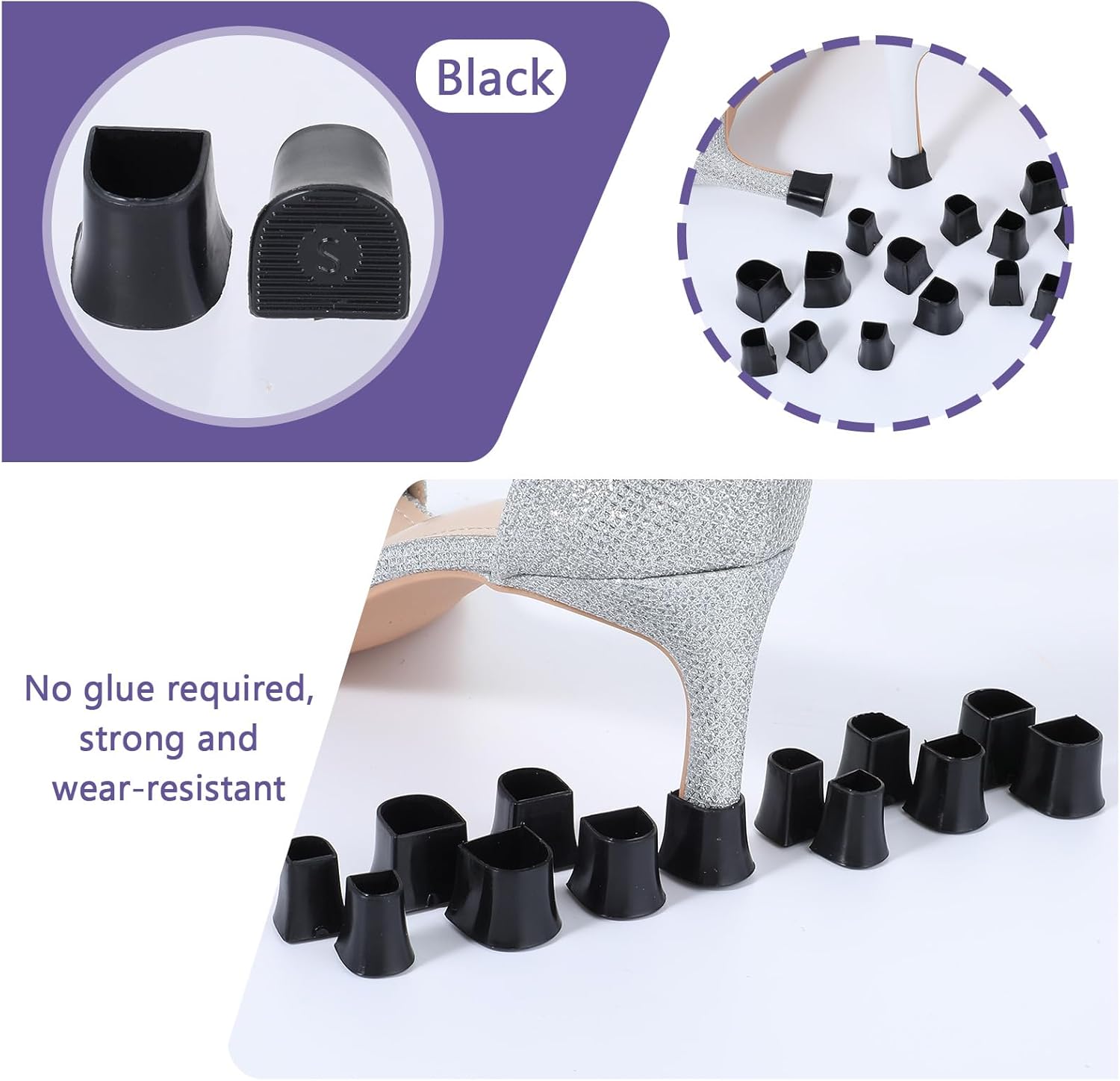 Heel protectors - U-shaped - 4 sizes - Black - 12 pairs - Non-slip - Sound-dampening - Heel protection - Heel protectors - Suitable for stilettos - Image 2