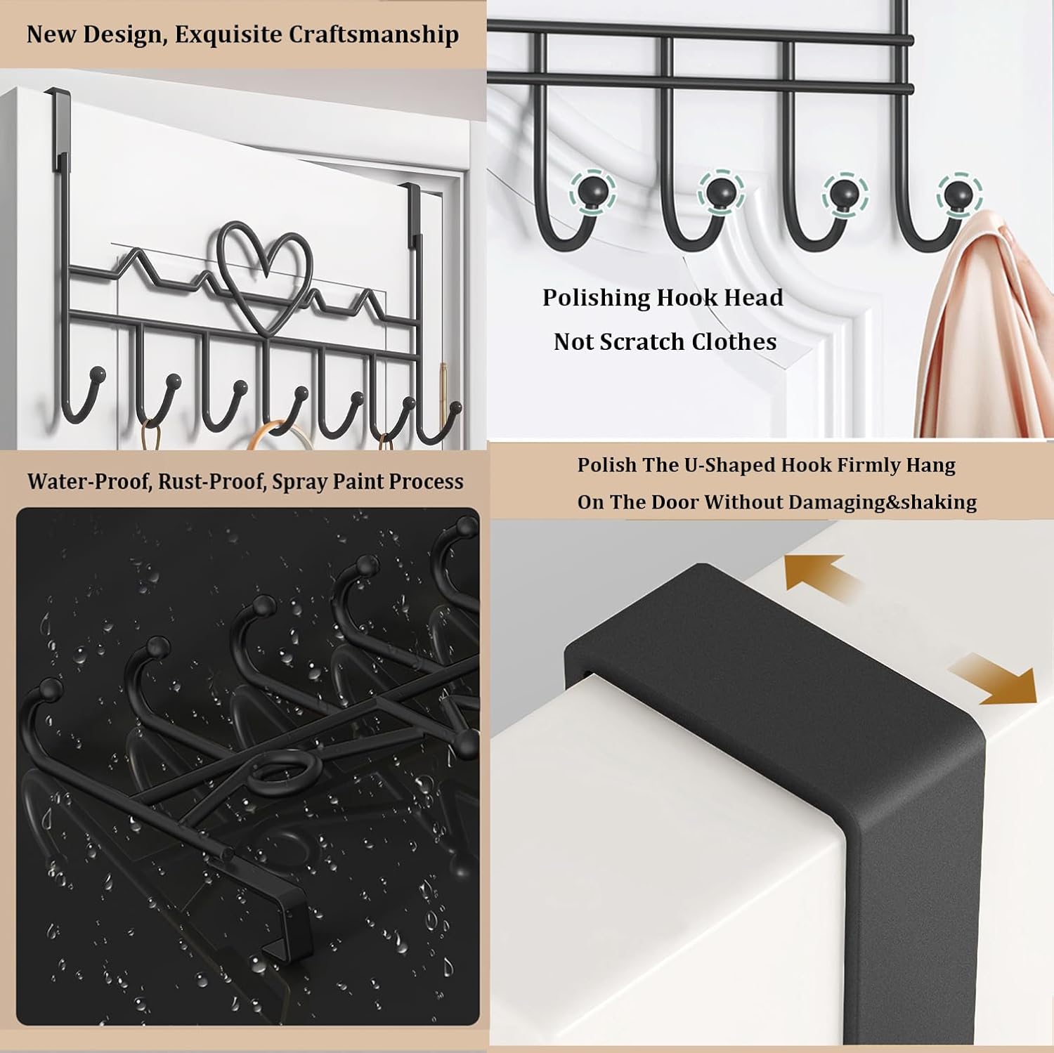 Overdoor Hooks - No-Drill Clothes and Hat Hangers - Door Hooks - Can hang jackets, towels, bags, bathrobes, etc. (2-pack - Black) - Image 5