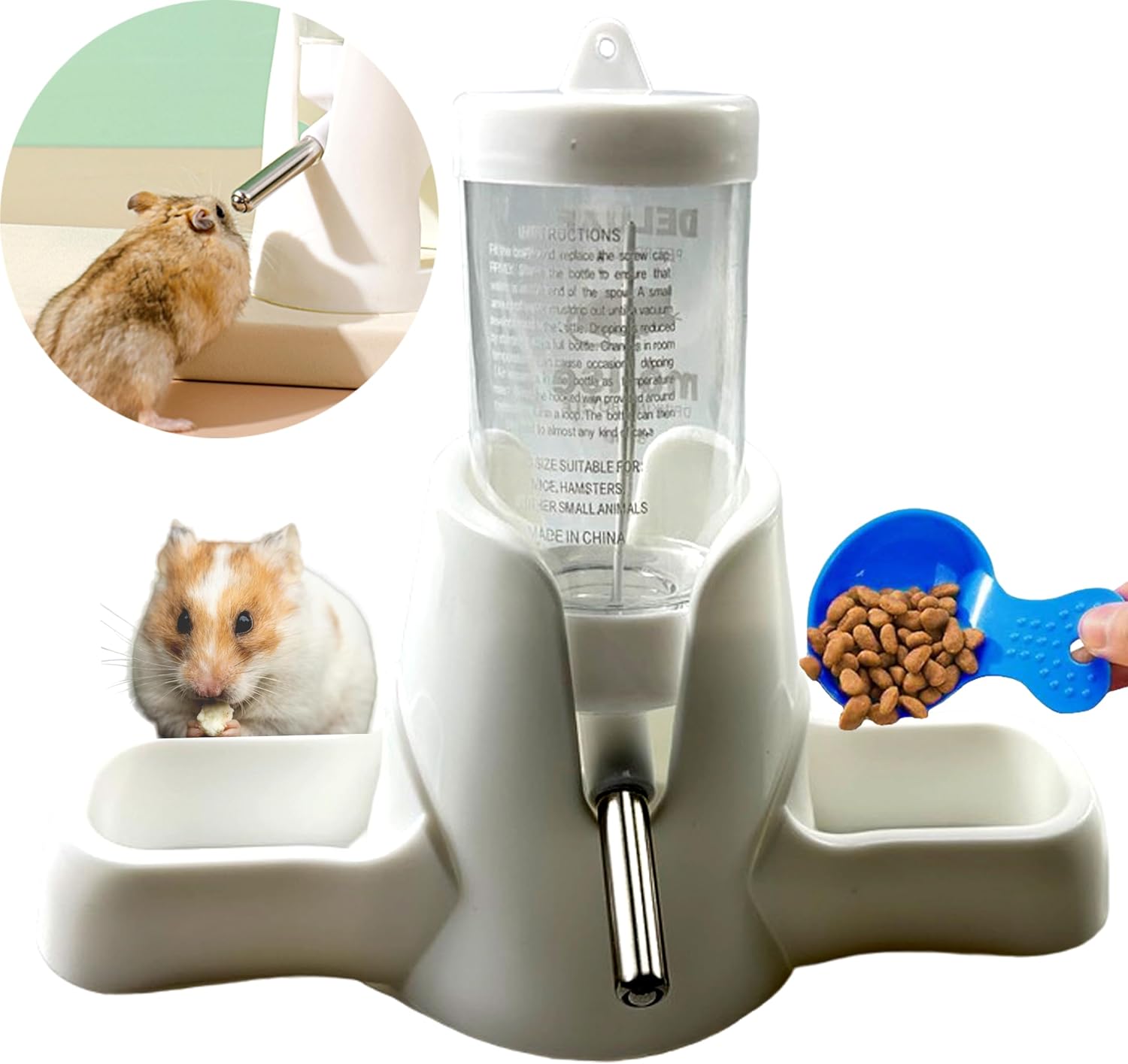 White hamster water bottle with standard, food bowl base, automatic water dispenser, suitable for dwarf hamsters, gerbils and other small animals. - Image 4