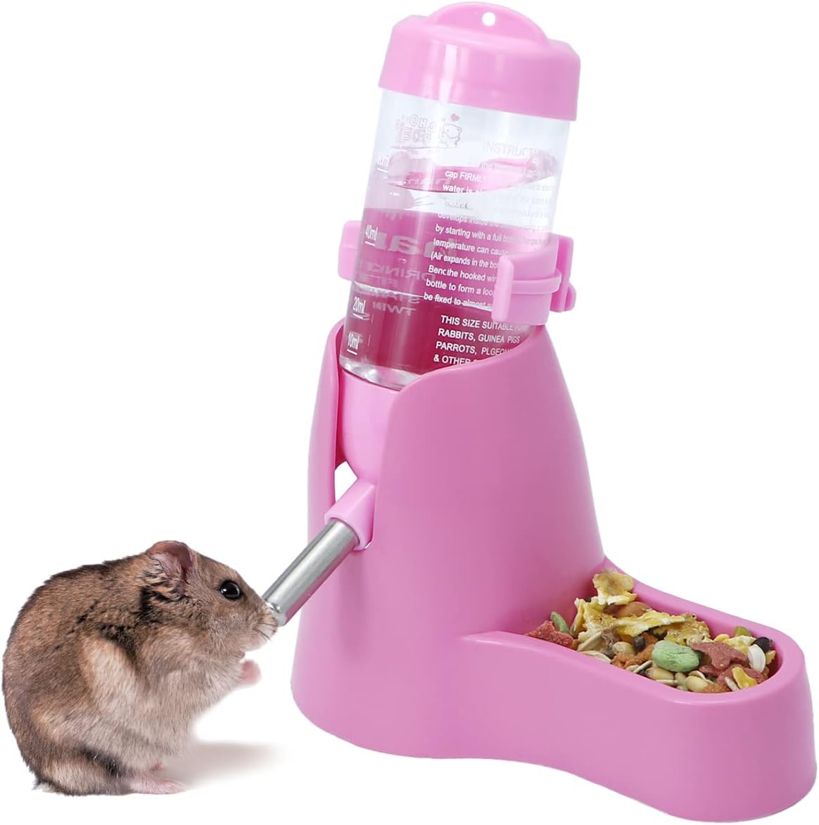 Water bowl for small animals - 3-in-1 hanging water bottle for hamsters - Automatic pet water bowl with stand - Suitable for dwarf hamsters, mice, rats and hedgehogs (80 ml - Pink) - Image 2