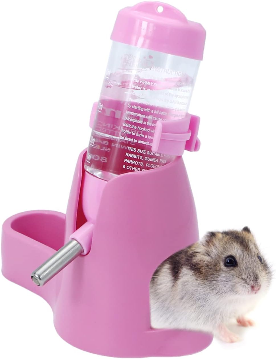 Water bowl for small animals - 3-in-1 hanging water bottle for hamsters - Automatic pet water bowl with stand - Suitable for dwarf hamsters, mice, rats and hedgehogs (80 ml - Pink) - Image 5