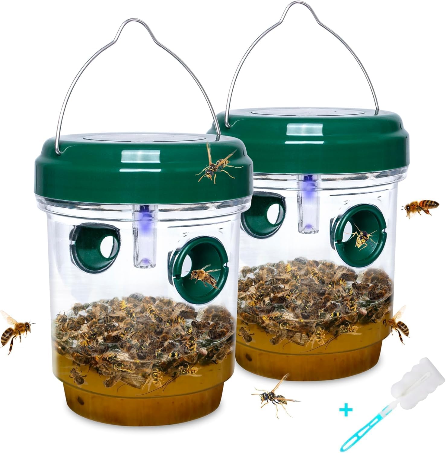 2-pack solar-powered wasp traps - Hanging wasp traps for outdoors - Suitable for wasps, hornets, bumblebees, etc. outdoors - With UV-LED light - Image 1