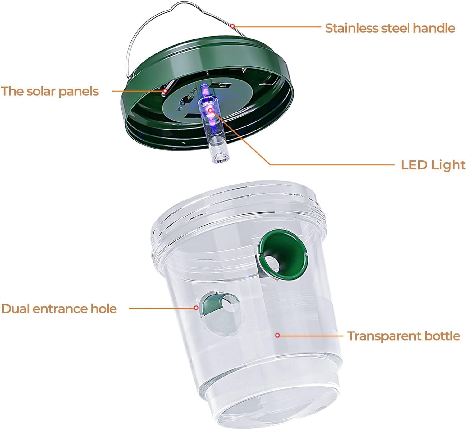 2-pack solar-powered wasp traps - Hanging wasp traps for outdoors - Suitable for wasps, hornets, bumblebees, etc. outdoors - With UV-LED light - Image 4