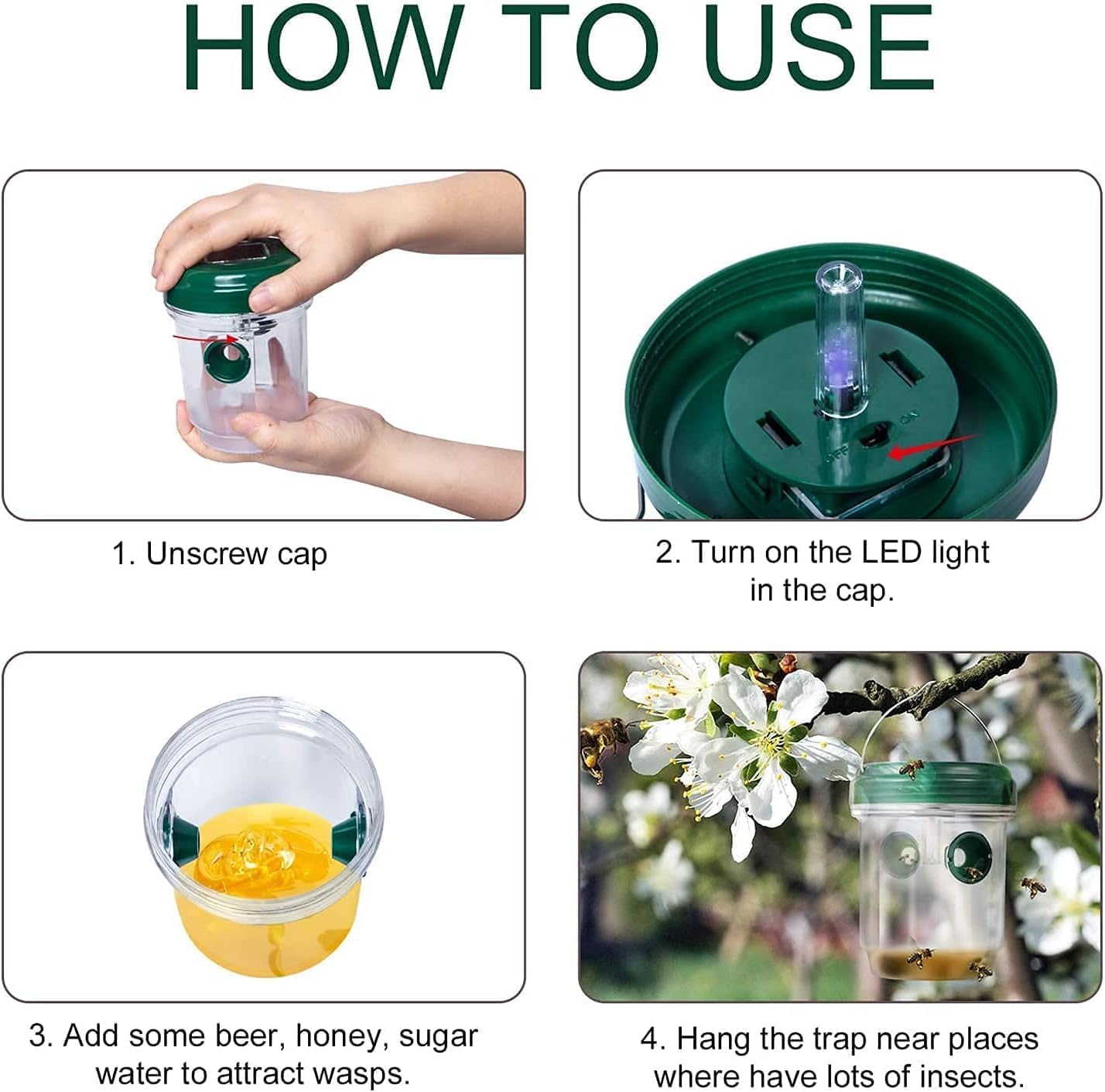 2-pack solar-powered wasp traps - Hanging wasp traps for outdoors - Suitable for wasps, hornets, bumblebees, etc. outdoors - With UV-LED light - Image 5