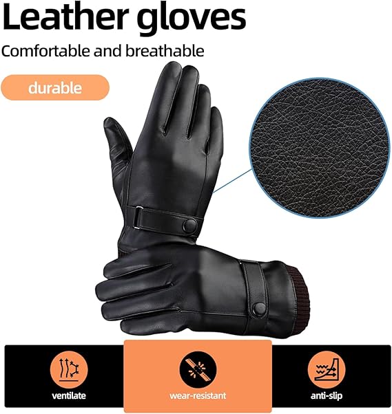Black winter gloves made of genuine leather - warm and insulated gloves - adjustable size - compatible with touchscreen devices - non-slip palm - cashmere lining - windproof, rainproof and snowproof - Image 5