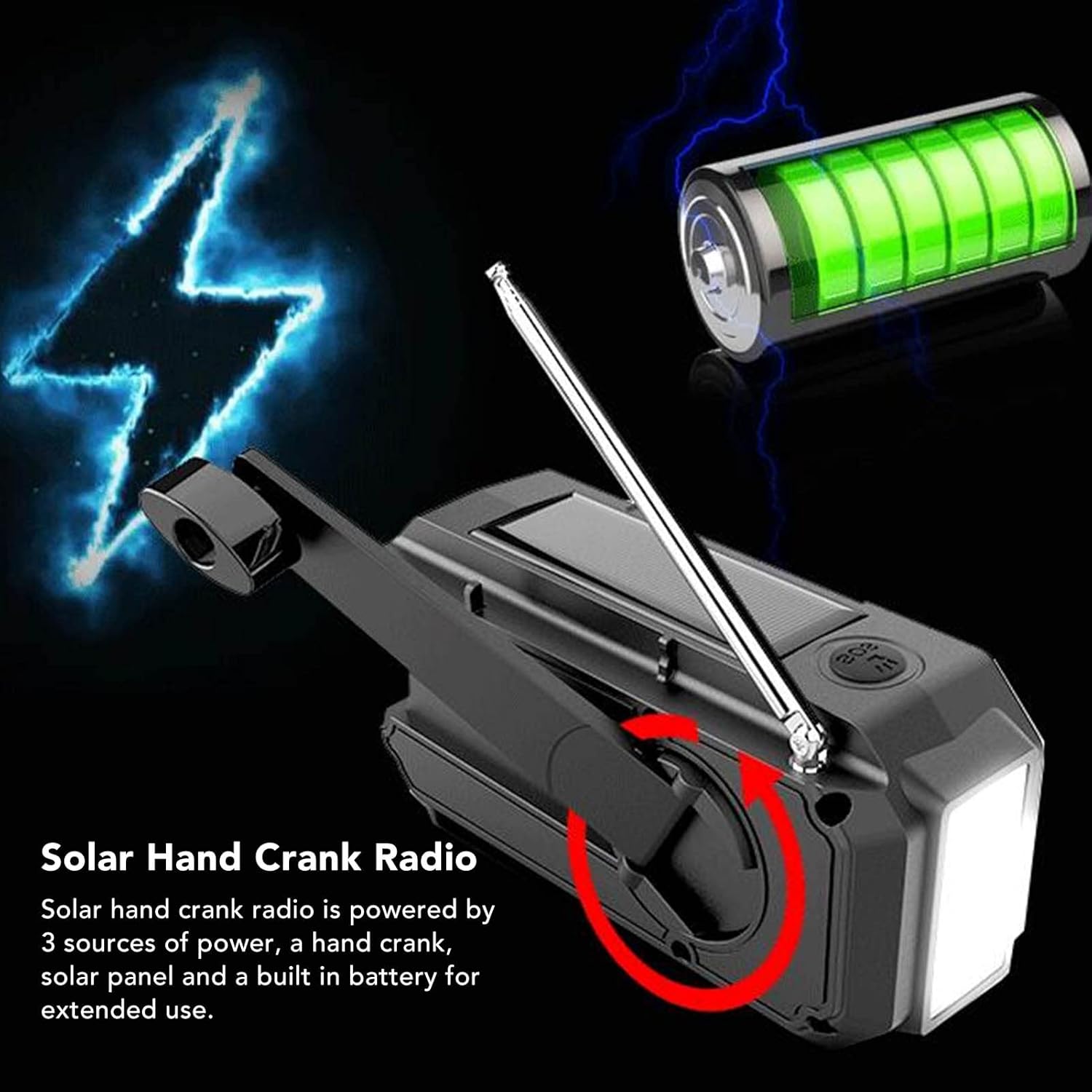 Noodradio - Solar-powered emergency radio, hand-operated - AM/FM/weather radio - With torch - SOS alarm function - Emergency charging function - Portable emergency radio (black) Suitable for camping, hiking and home emergencies - Image 3
