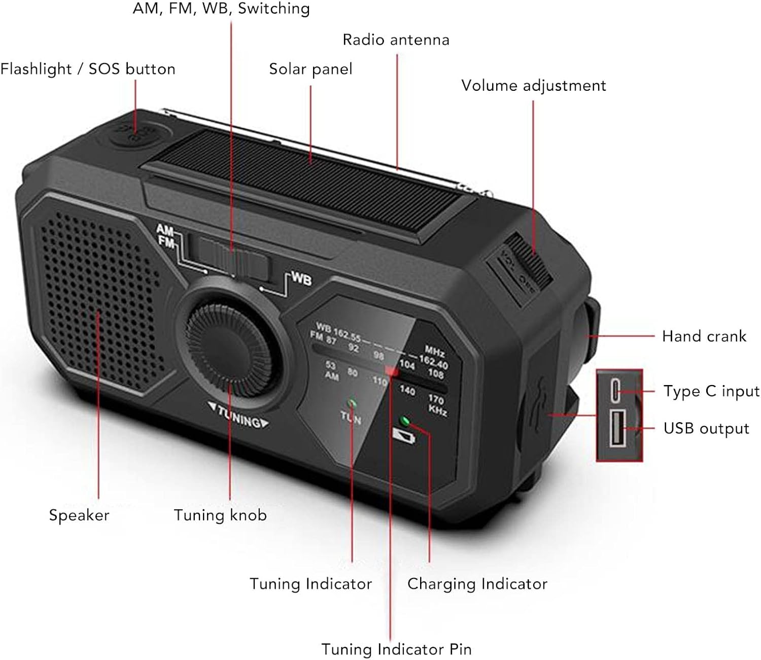 Noodradio - Solar-powered emergency radio, hand-operated - AM/FM/weather radio - With torch - SOS alarm function - Emergency charging function - Portable emergency radio (black) Suitable for camping, hiking and home emergencies - Image 8