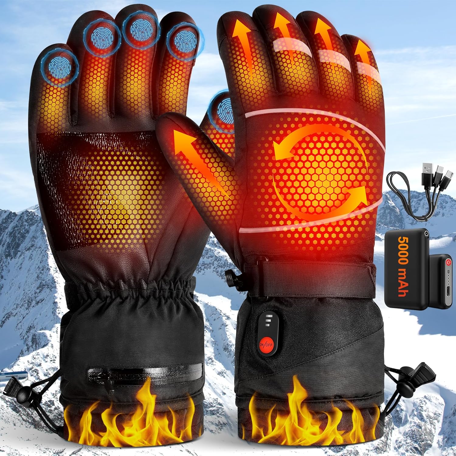 Gloves - Warm winter gloves - Rechargeable heated gloves - 3 heating settings, 360° heating - Touchscreen, waterproof/windproof - Winter ski/cycling/hiking gloves (unisex) - Image 1