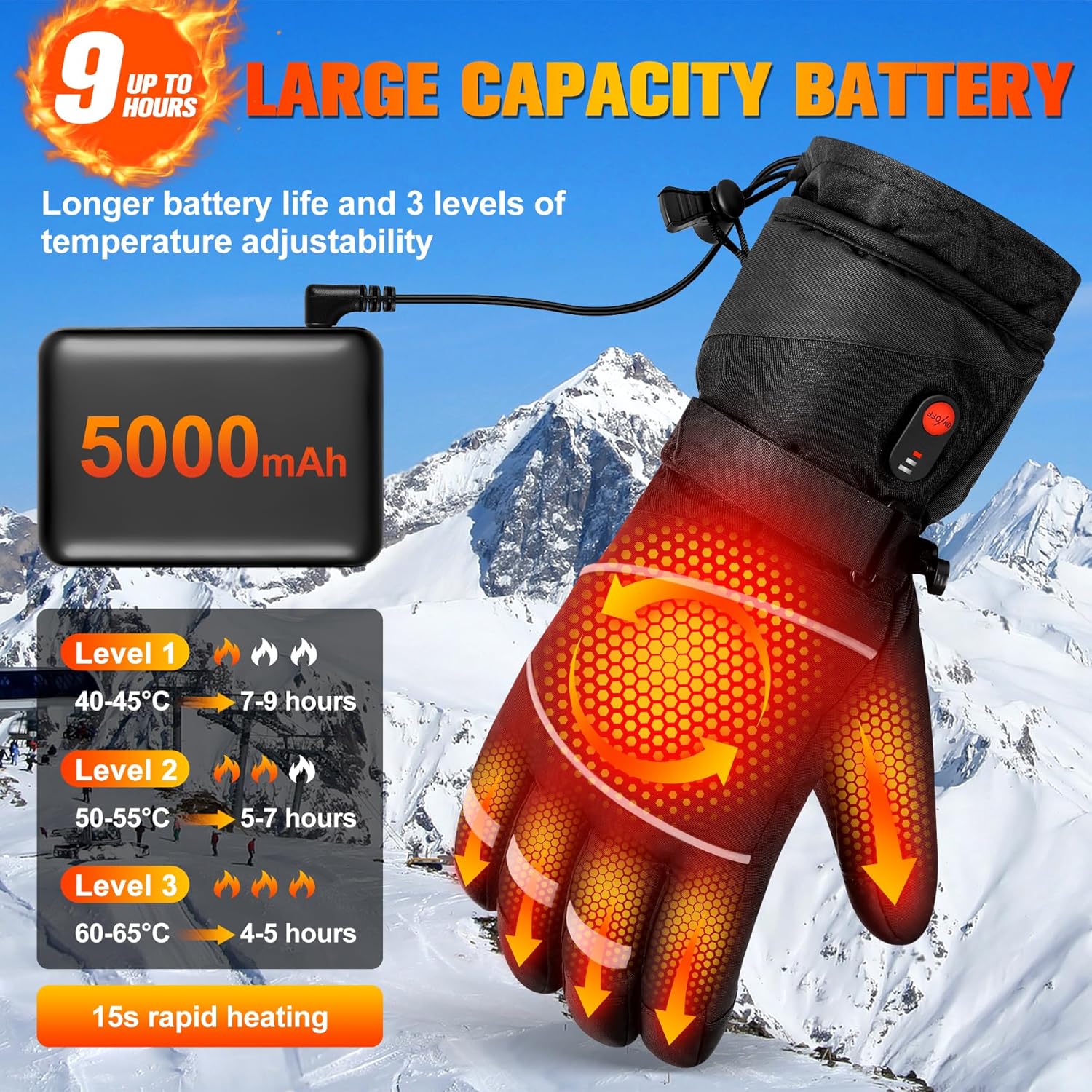 Gloves - Warm winter gloves - Rechargeable heated gloves - 3 heating settings, 360° heating - Touchscreen, waterproof/windproof - Winter ski/cycling/hiking gloves (unisex) - Image 2