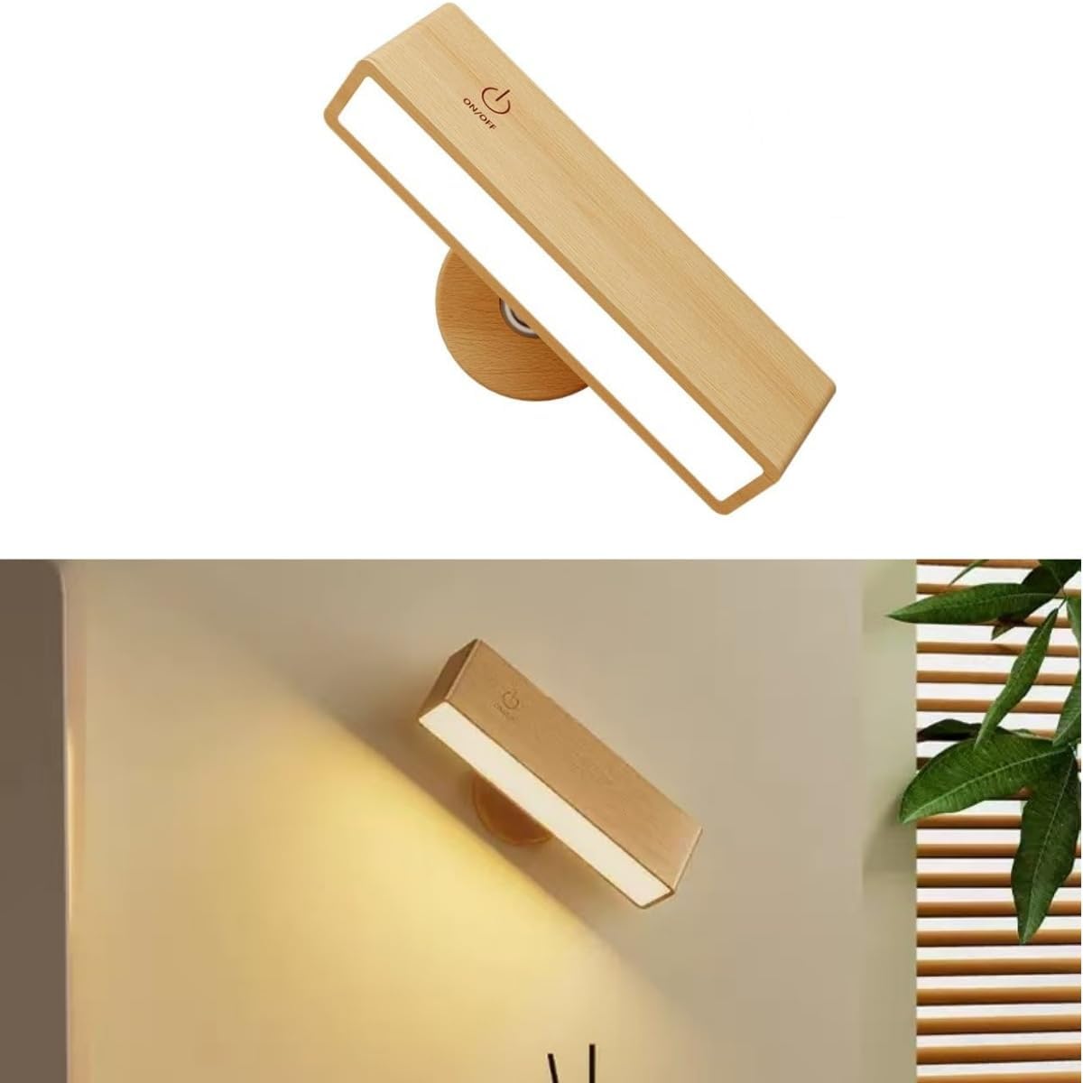 Indoor wall lamp - Wooden LED wall lamp with wireless charging - Bedroom wall lamp - 360° rotating touchscreen dimmable light - Drill-free installation - Suitable for bedroom/living room - Image 1