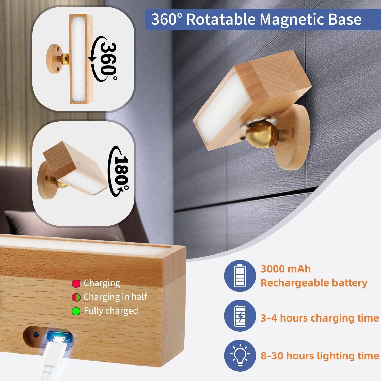 Indoor wall lamp - Wooden LED wall lamp with wireless charging - Bedroom wall lamp - 360° rotating touchscreen dimmable light - Drill-free installation - Suitable for bedroom/living room - Image 2