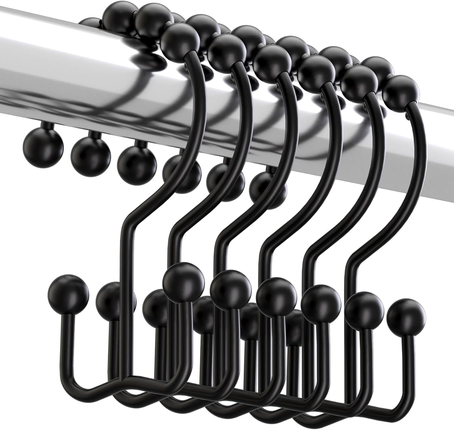 Matzwarte shower curtain hooks (12-pack) - Double hooks made of stainless steel - Hooks with smooth rolling action - Suitable for shower curtains up to 3.3 cm thick - Suitable for shower curtains and waterproof liners. (black) - Image 1